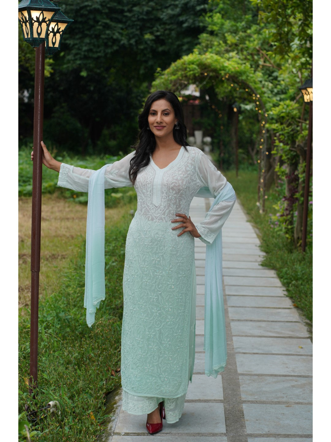 Saadgi hand embroidered chikankari pearl work with sequin sky blue premium suit set with dupatta(set of 3)