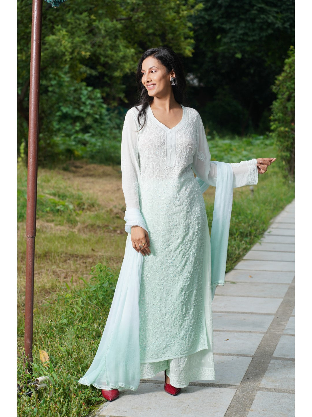 Saadgi hand embroidered chikankari pearl work with sequin sky blue premium suit set with dupatta(set of 3)