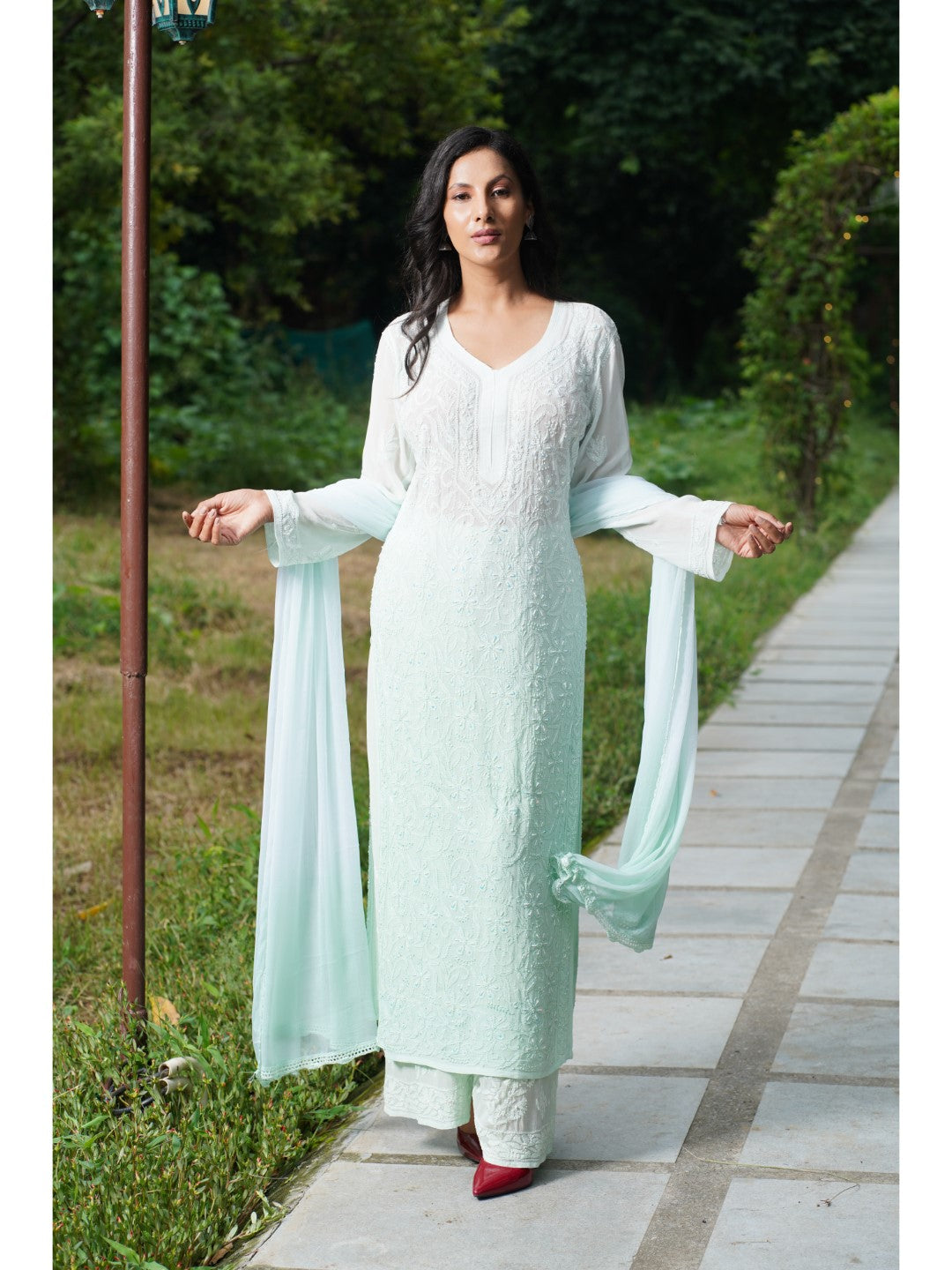 Saadgi hand embroidered chikankari pearl work with sequin sky blue premium suit set with dupatta(set of 3)