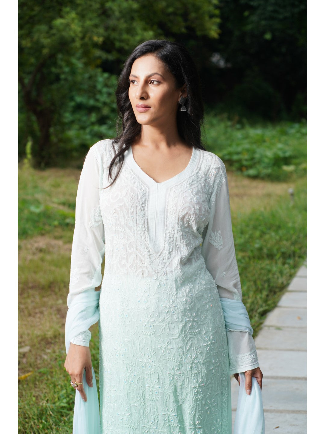 Saadgi hand embroidered chikankari pearl work with sequin sky blue premium suit set with dupatta(set of 3)