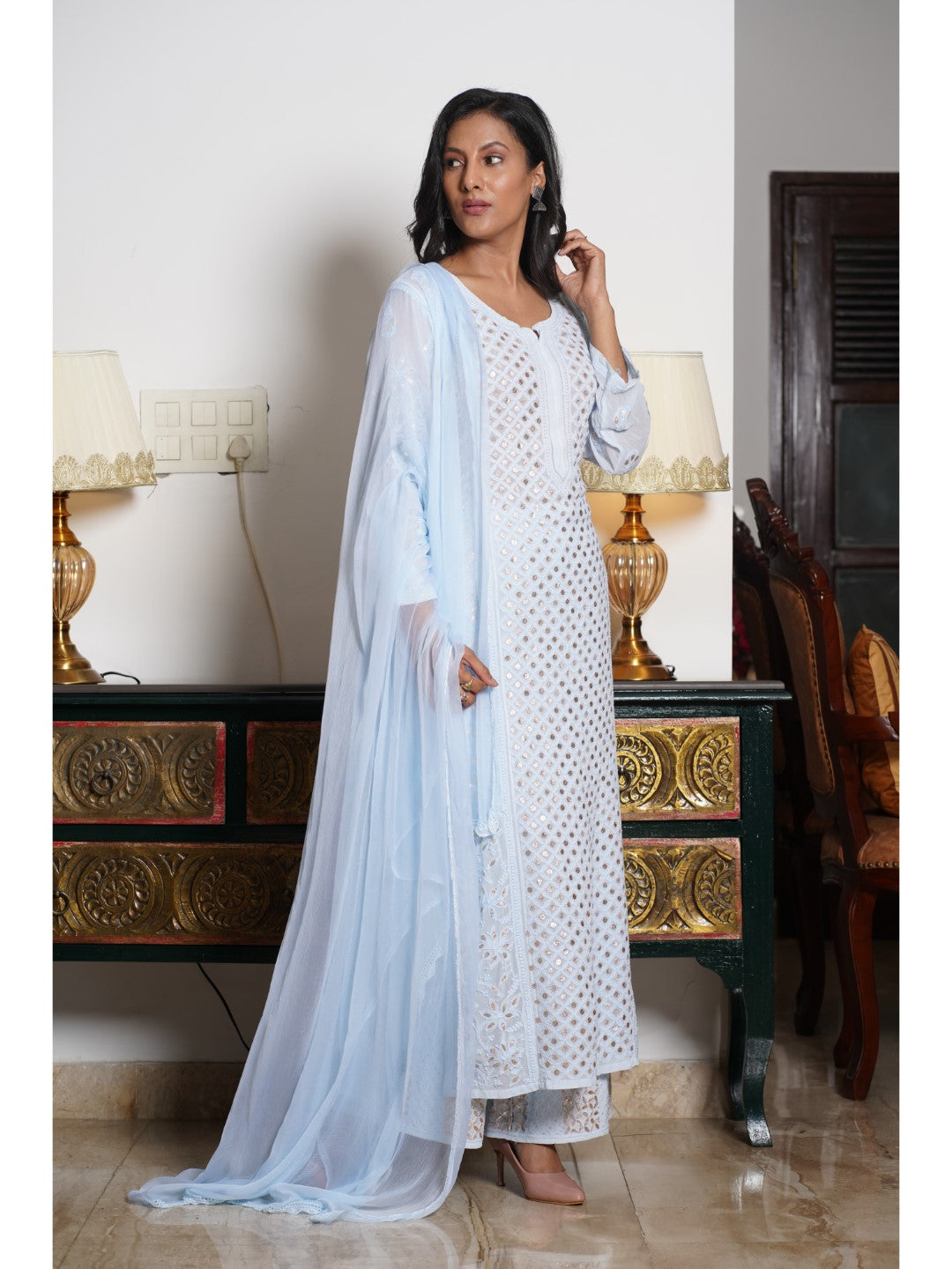 Saadgi hand embroidered chikankari Gotta Patti blue premium suit set with dupatta(set of 3)