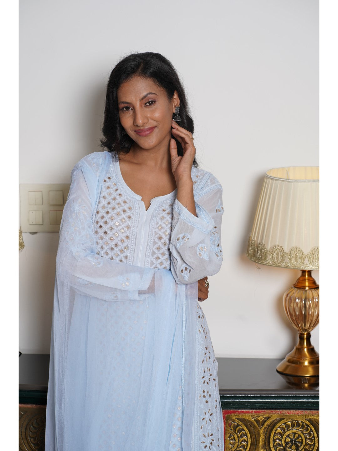 Saadgi hand embroidered chikankari Gotta Patti blue premium suit set with dupatta(set of 3)
