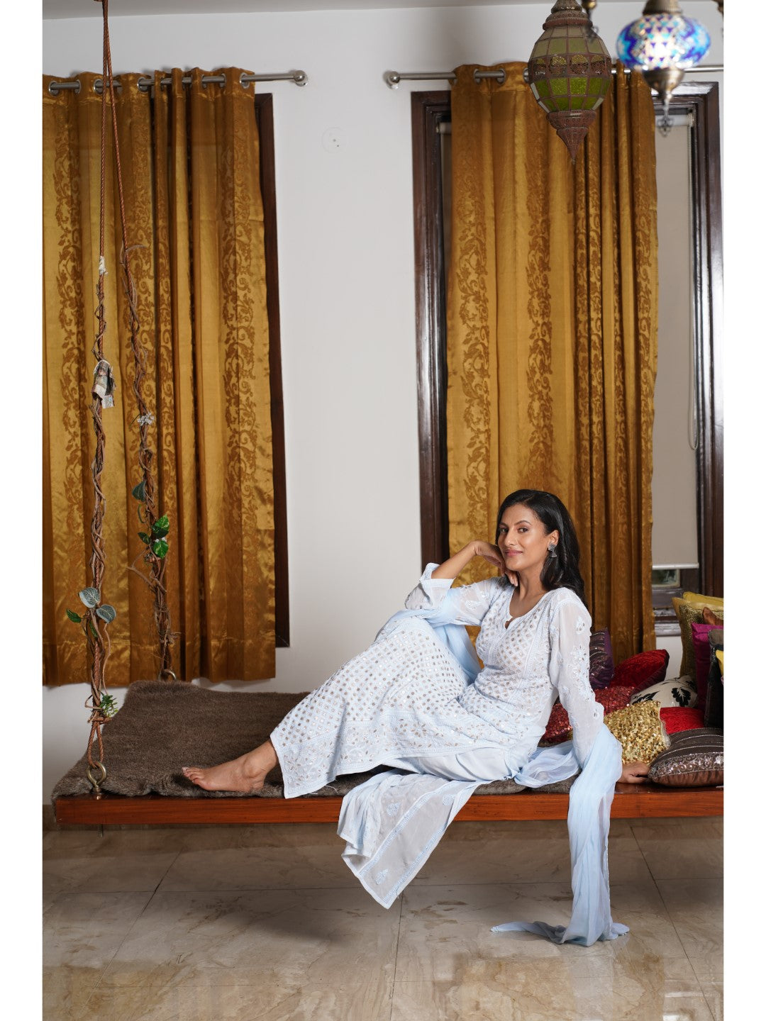 Saadgi hand embroidered chikankari Gotta Patti blue premium suit set with dupatta(set of 3)
