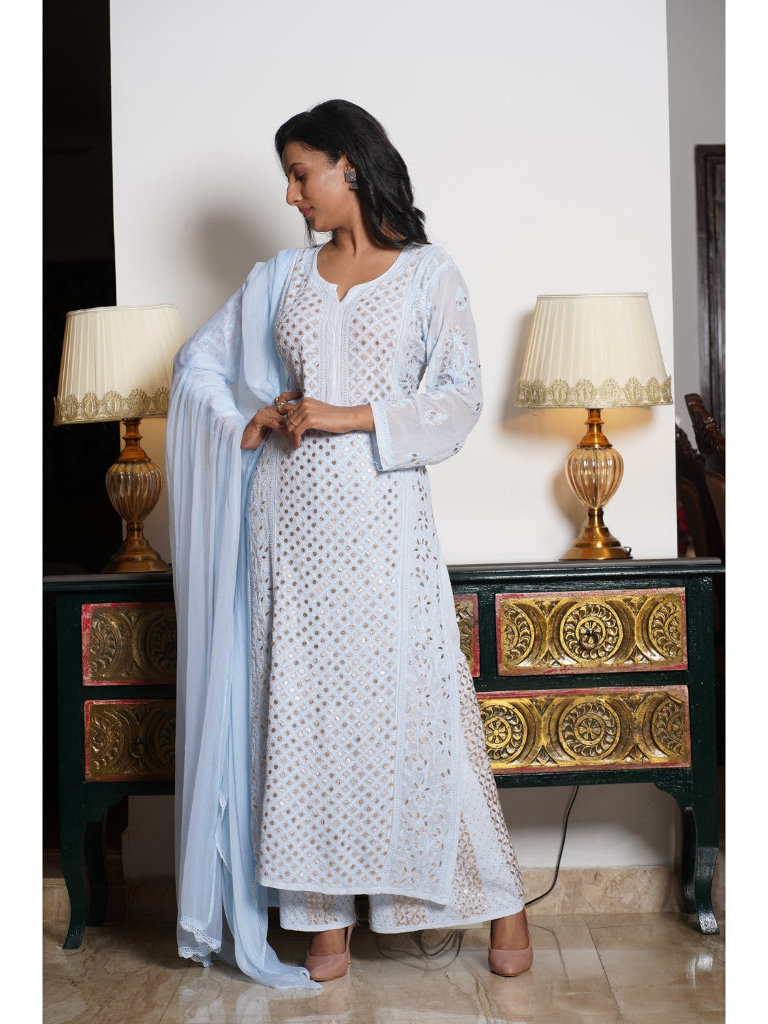 Saadgi hand embroidered chikankari Gotta Patti blue premium suit set with dupatta(set of 3)