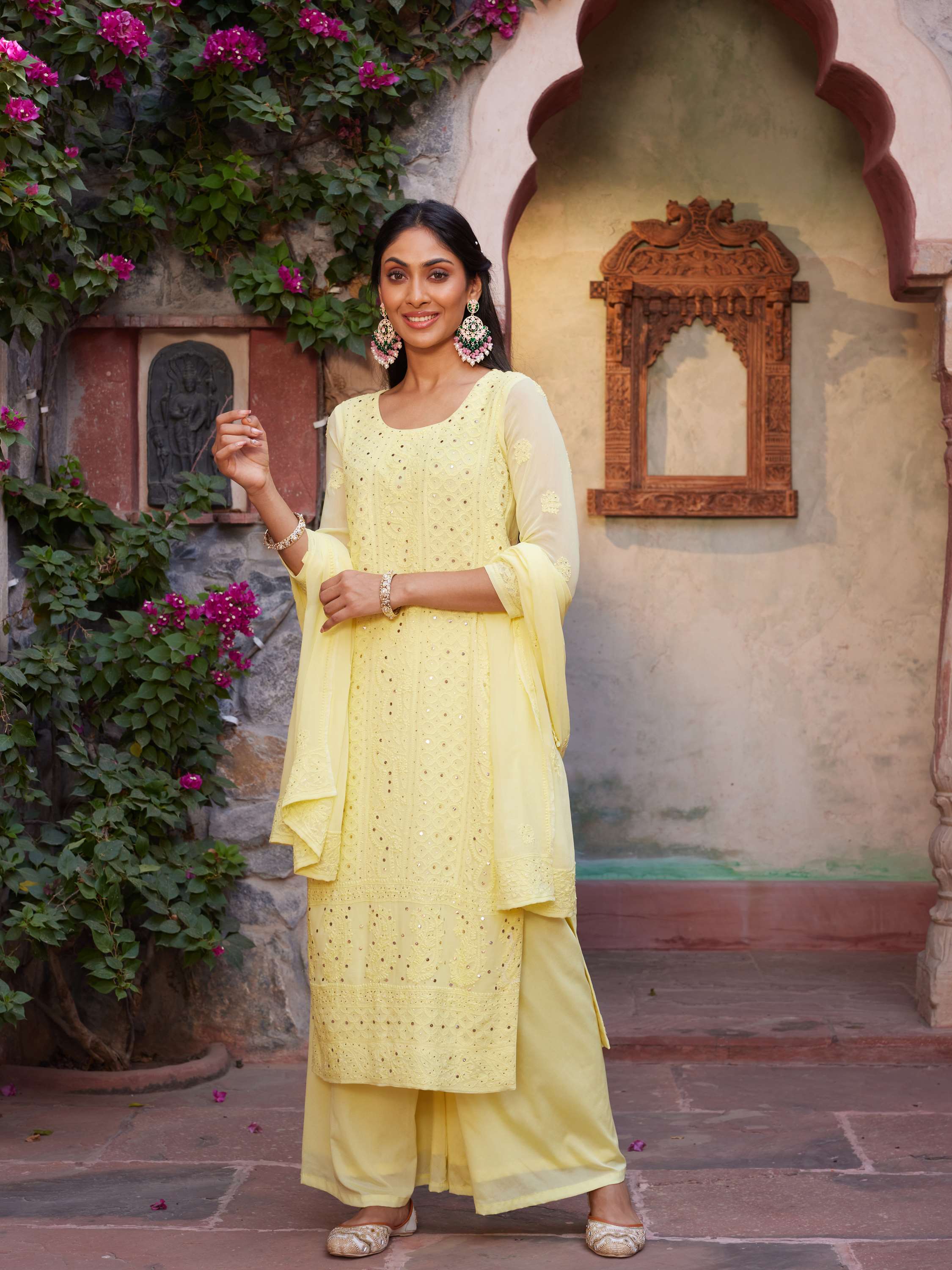 Lemon Yellow Mukaish Chikankari Handcrafted Suit