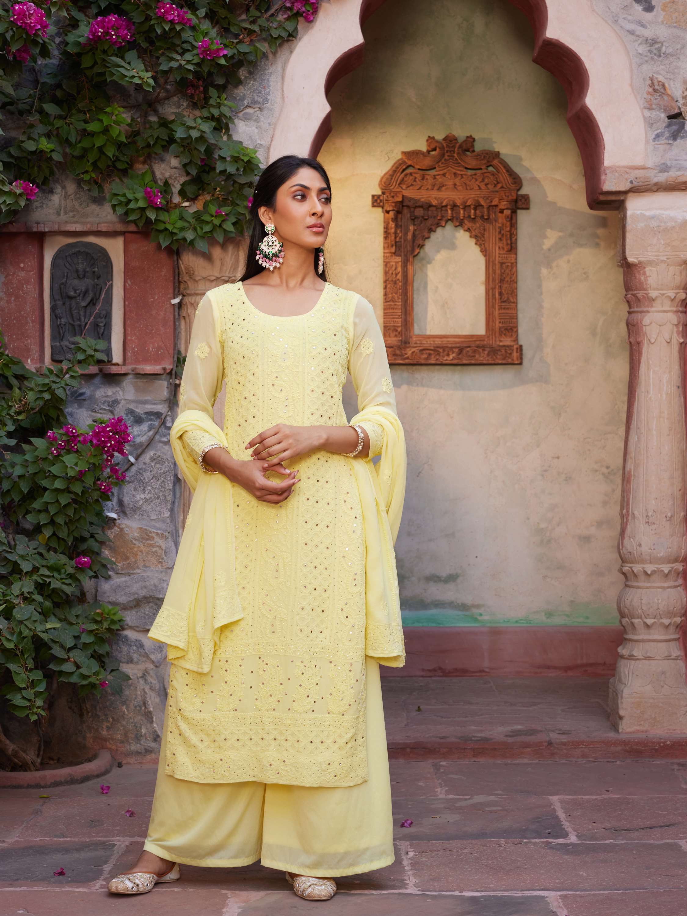 Lemon Yellow Mukaish Chikankari Handcrafted Suit