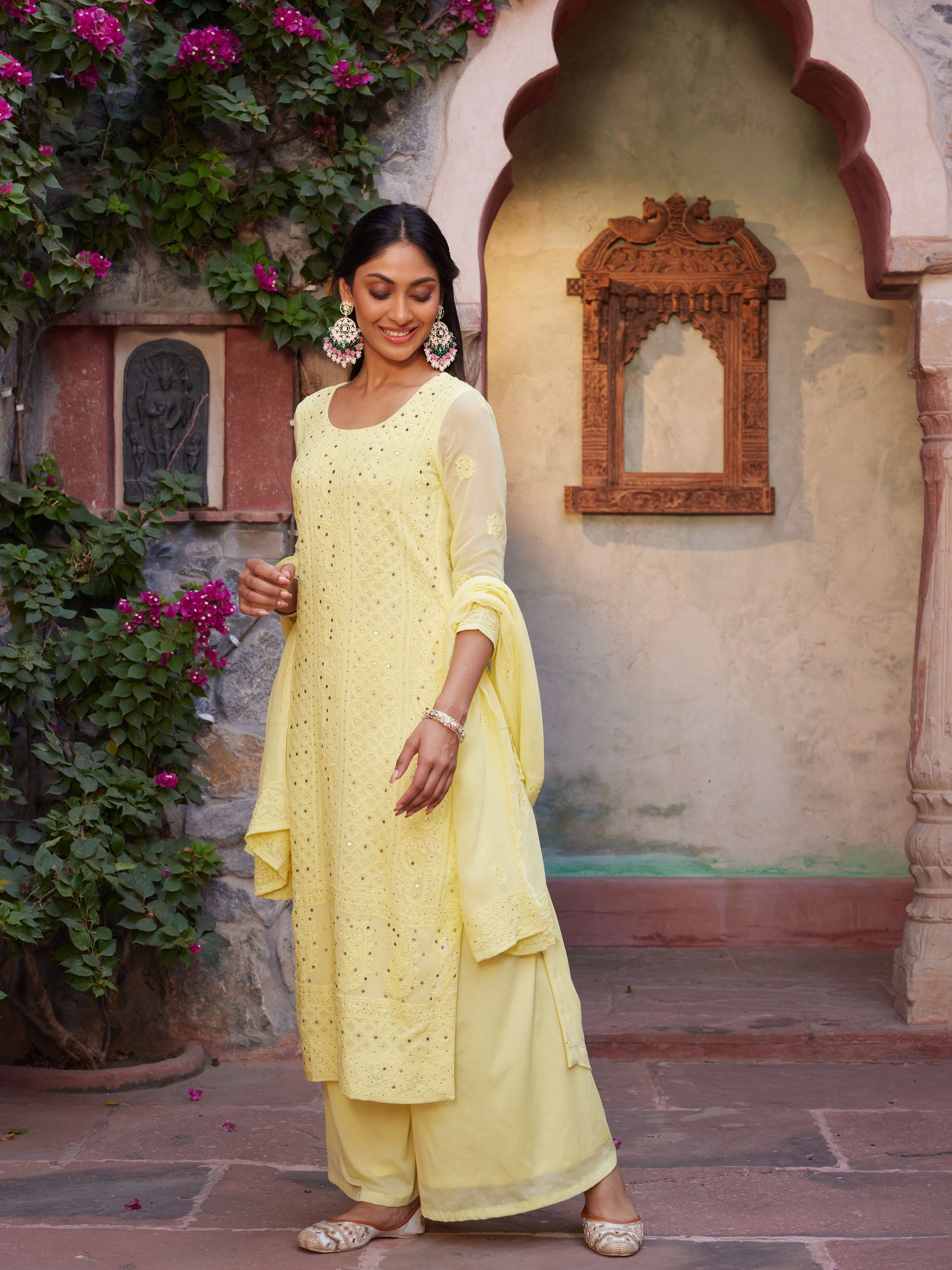 Lemon Yellow Mukaish Chikankari Handcrafted Suit