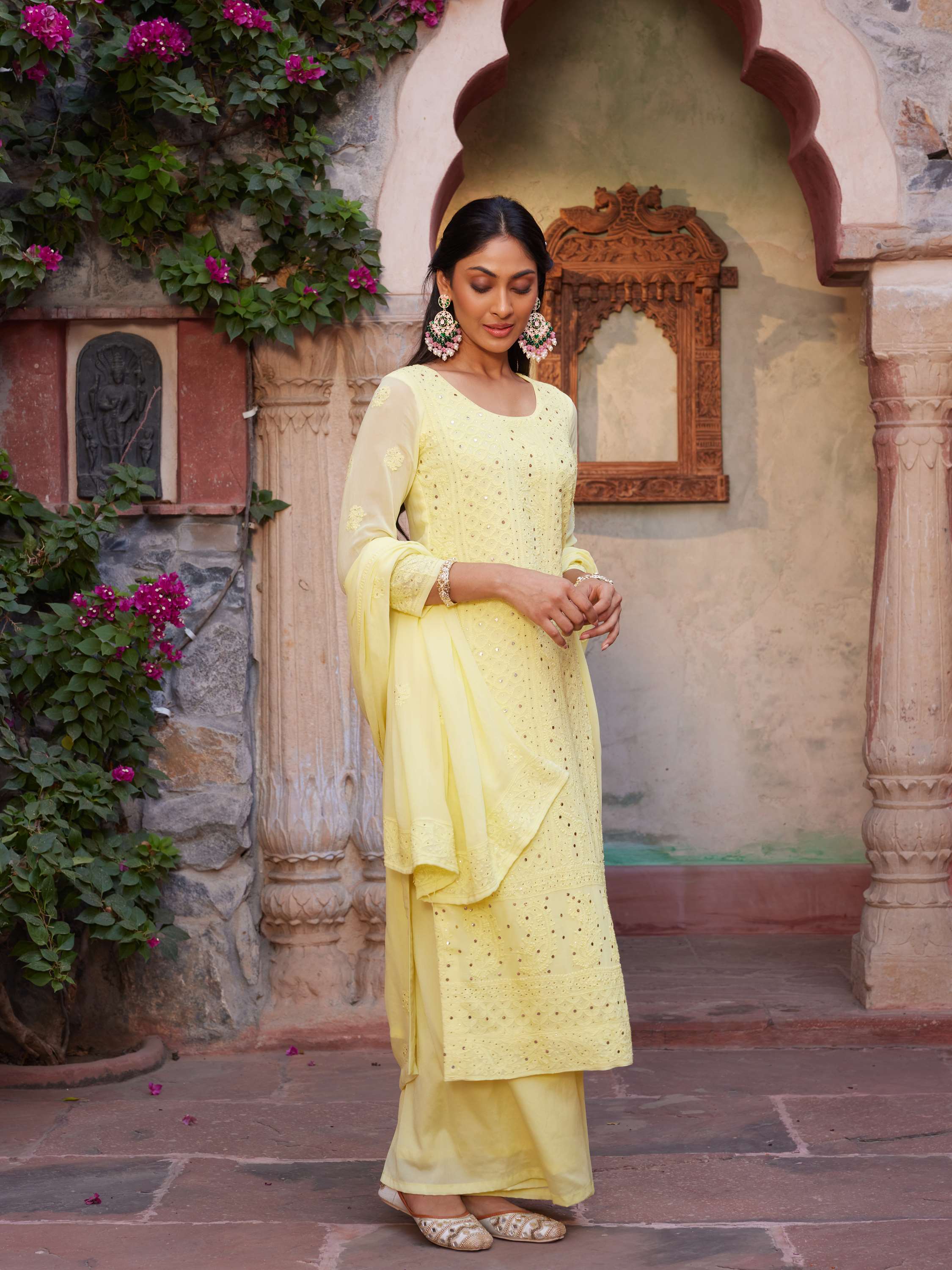 Lemon Yellow Mukaish Chikankari Handcrafted Suit