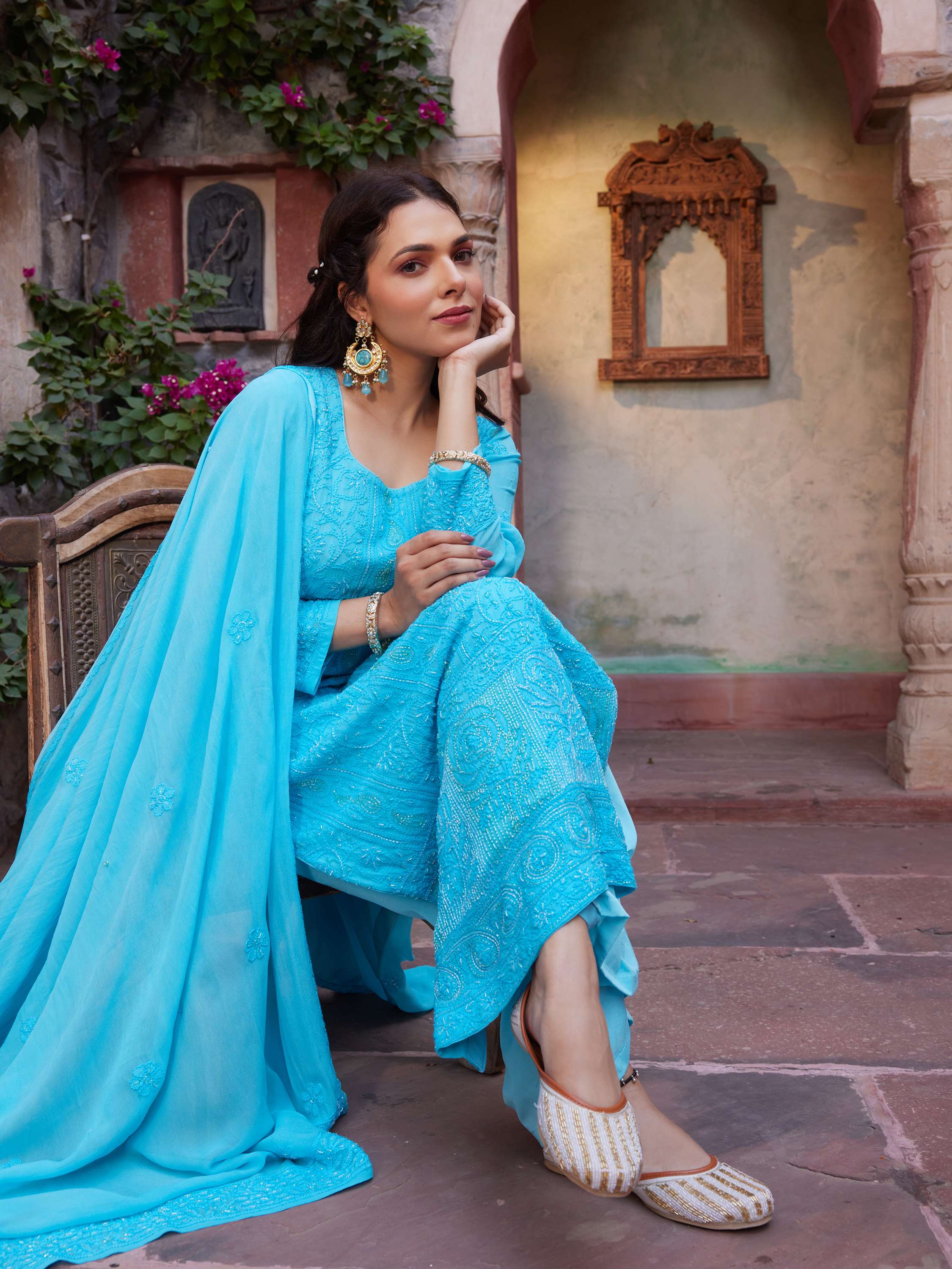 Azure Blue Pearl & Cut Dana Handcarfted Chikankari Suit