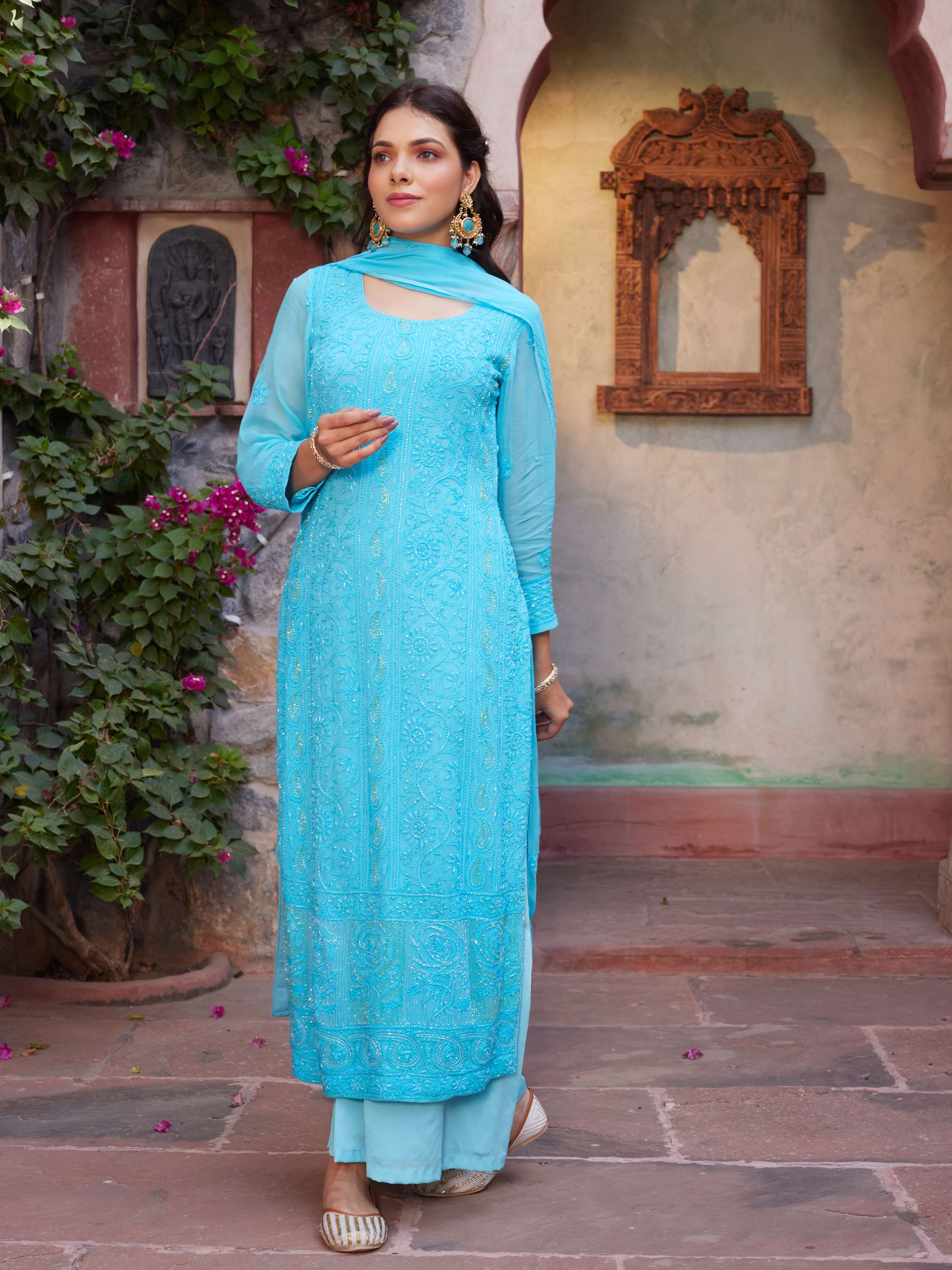 Azure Blue Pearl & Cut Dana Handcarfted Chikankari Suit