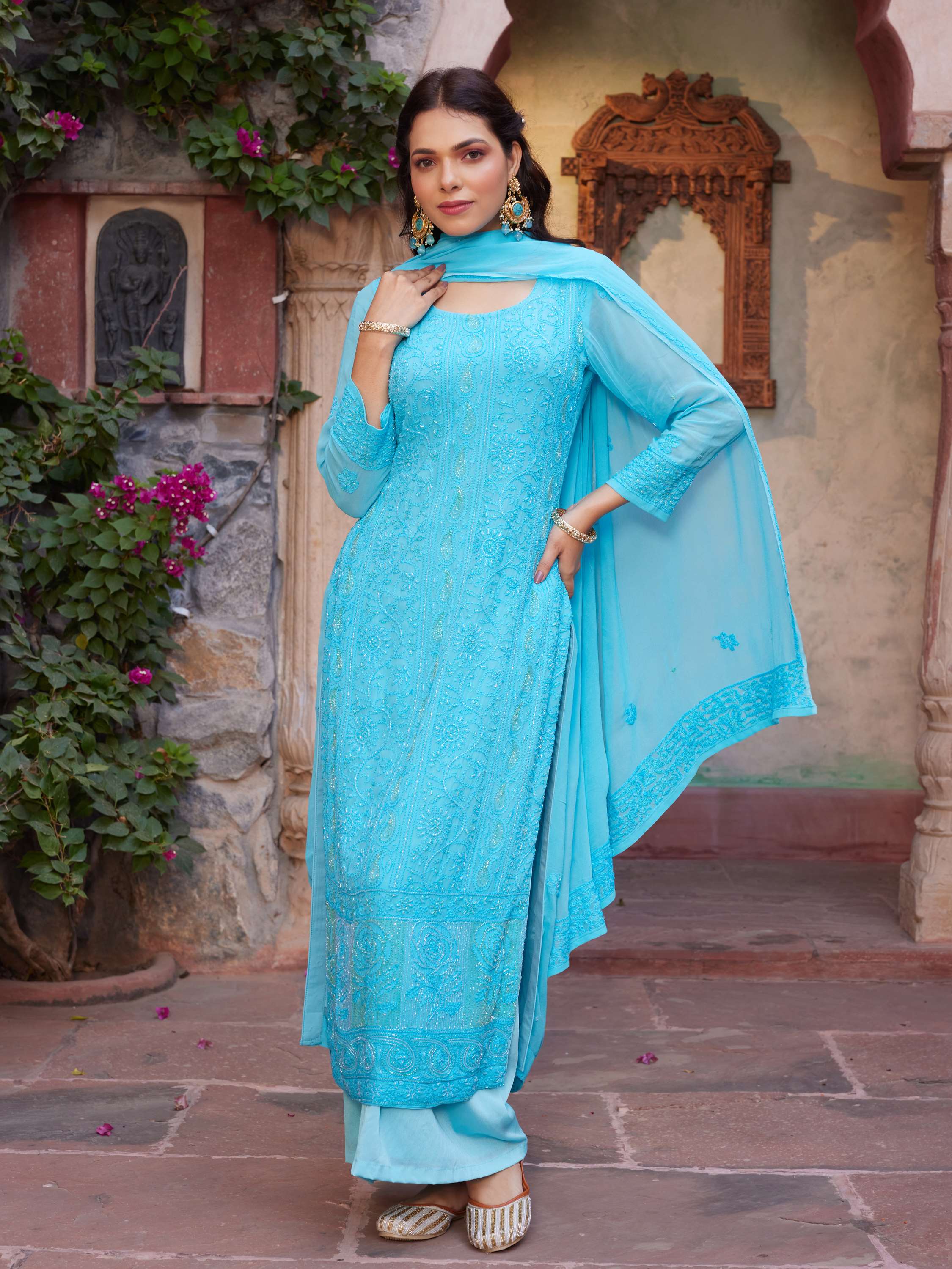 Azure Blue Pearl & Cut Dana Handcarfted Chikankari Suit