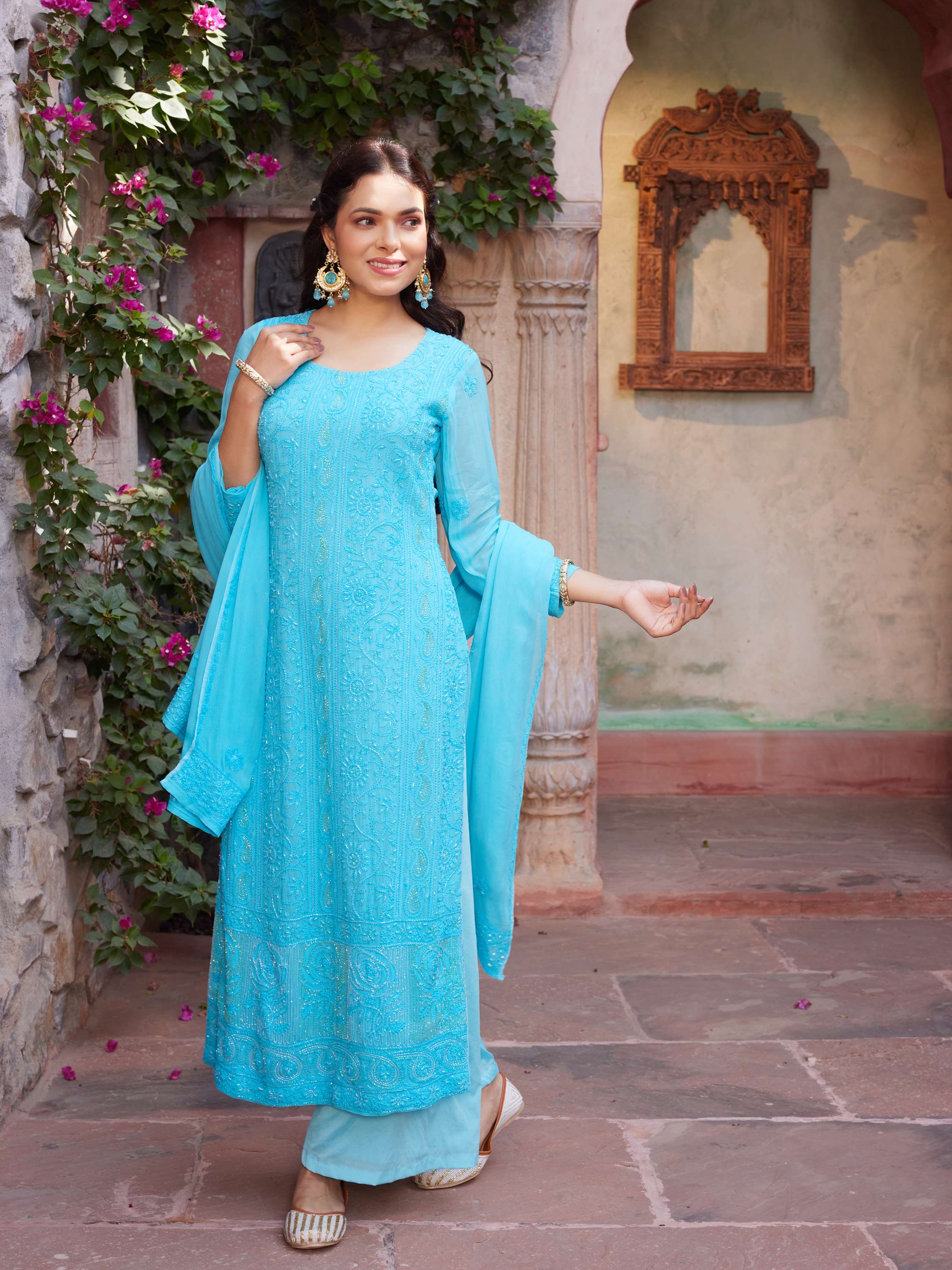 Azure Blue Pearl & Cut Dana Handcarfted Chikankari Suit