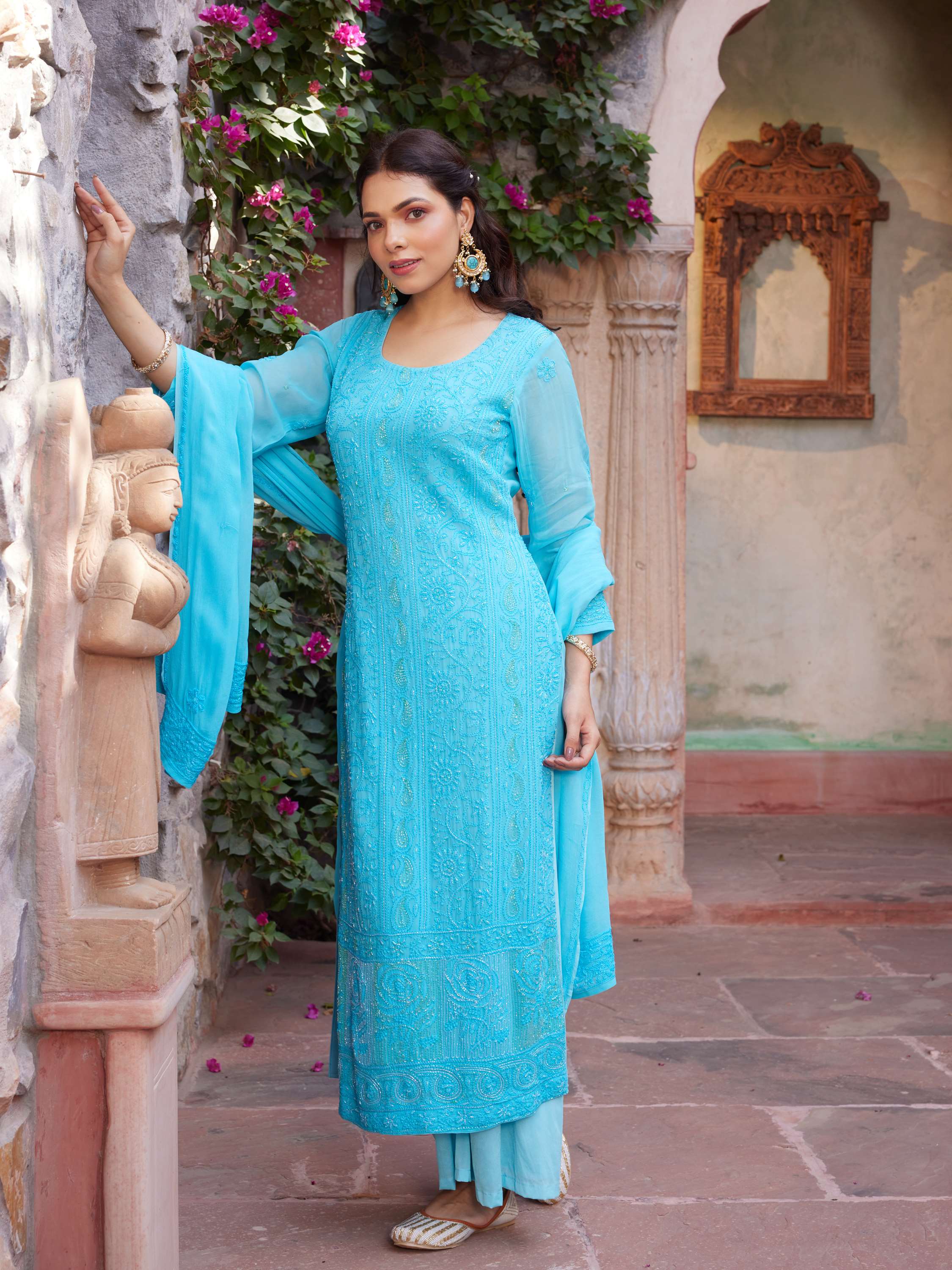 Azure Blue Pearl & Cut Dana Handcarfted Chikankari Suit