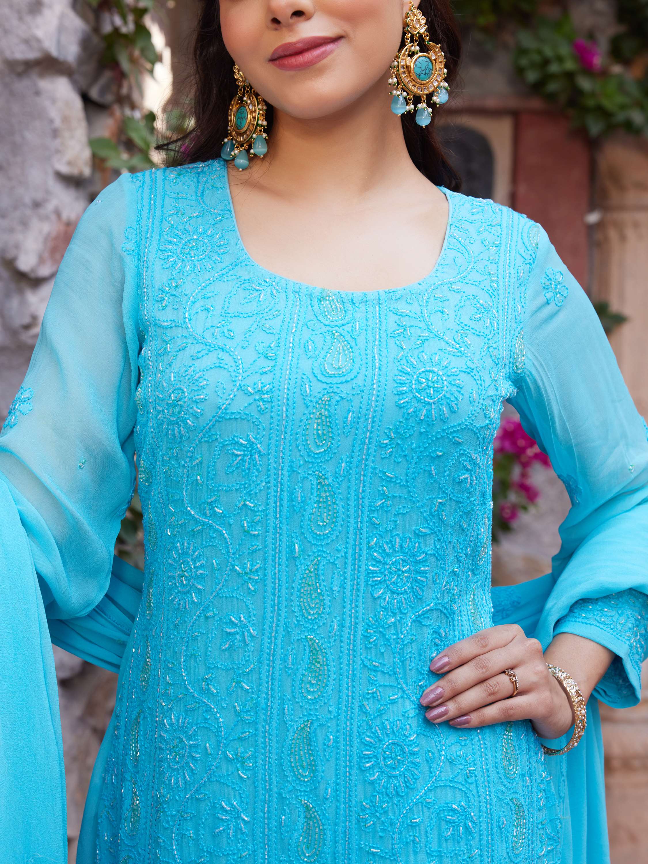 Azure Blue Pearl & Cut Dana Handcarfted Chikankari Suit