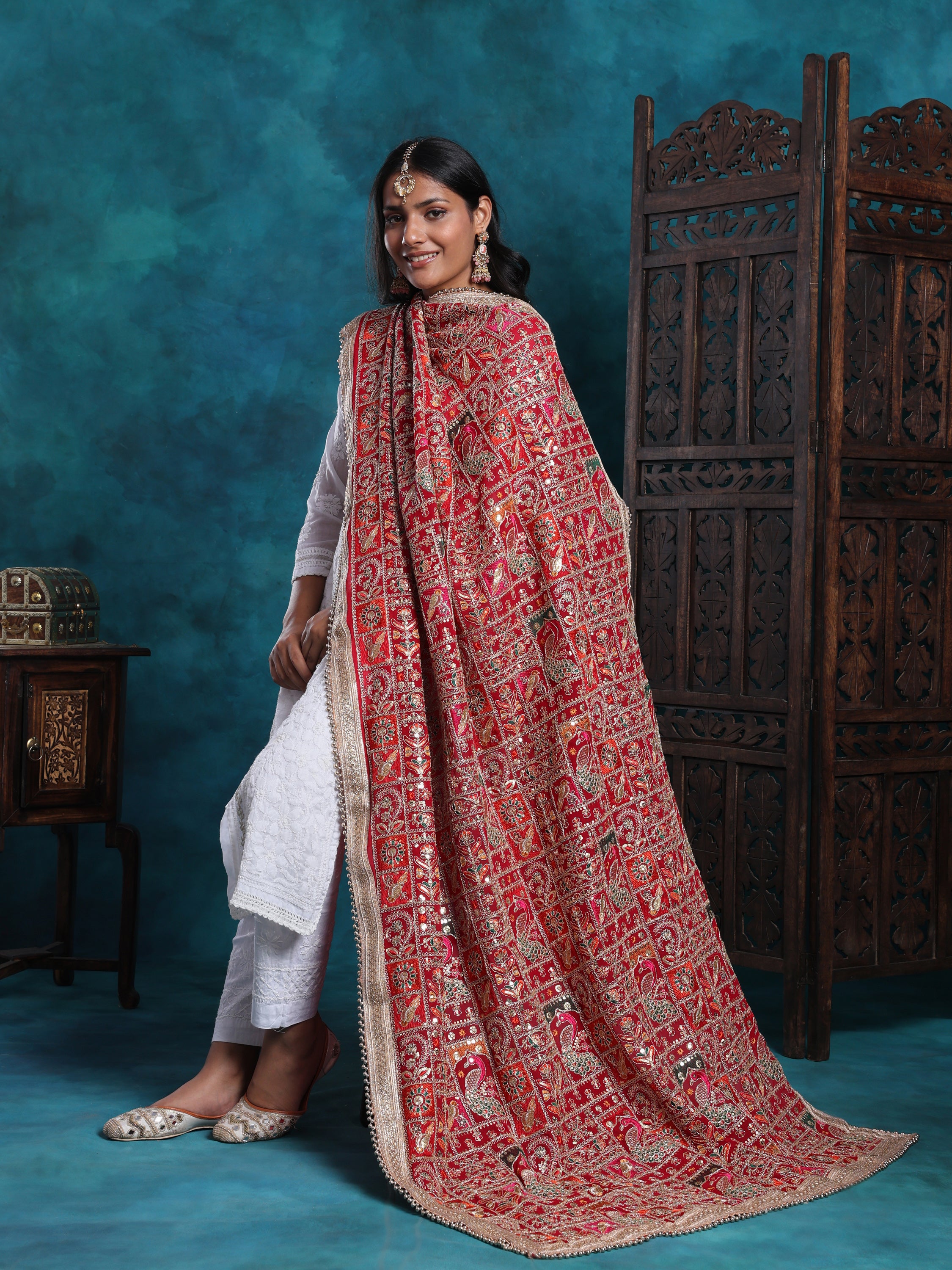 Intricate Handcarfted Birds Motifs Bridal Dupatta