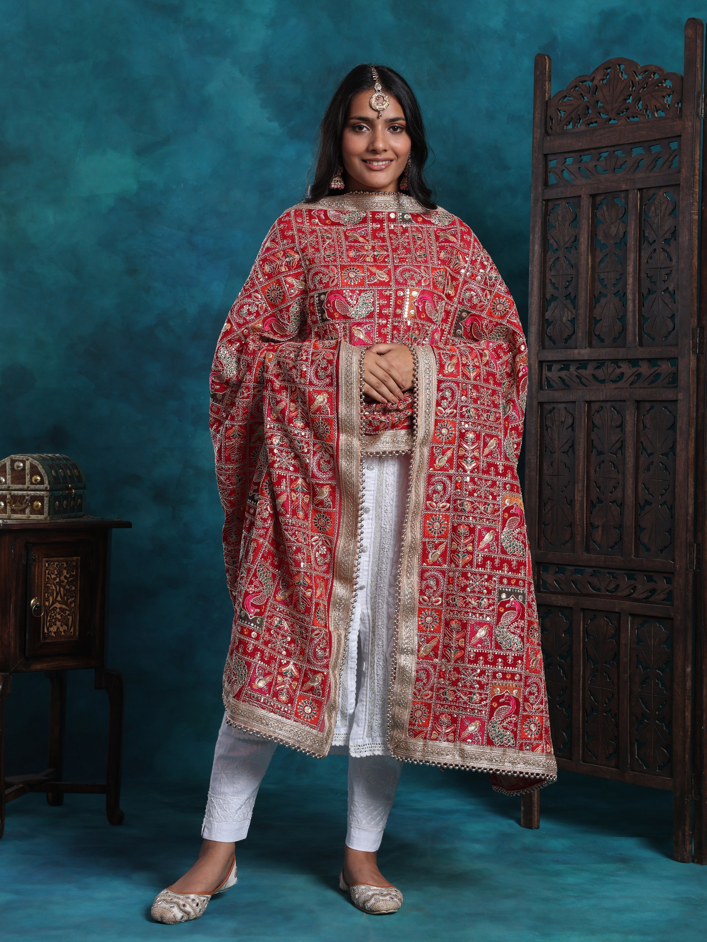 Intricate Handcarfted Birds Motifs Bridal Dupatta
