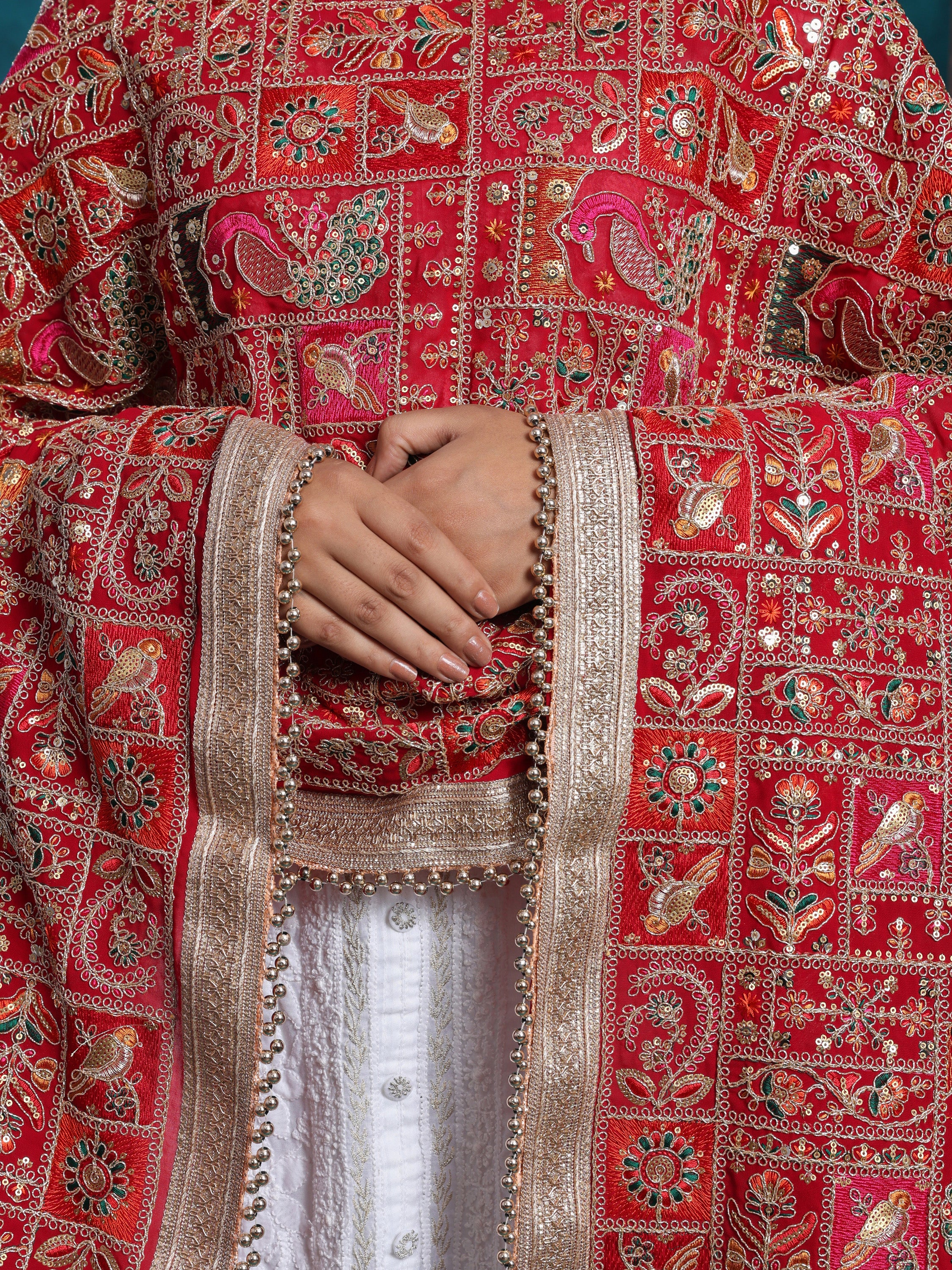 Intricate Handcarfted Birds Motifs Bridal Dupatta