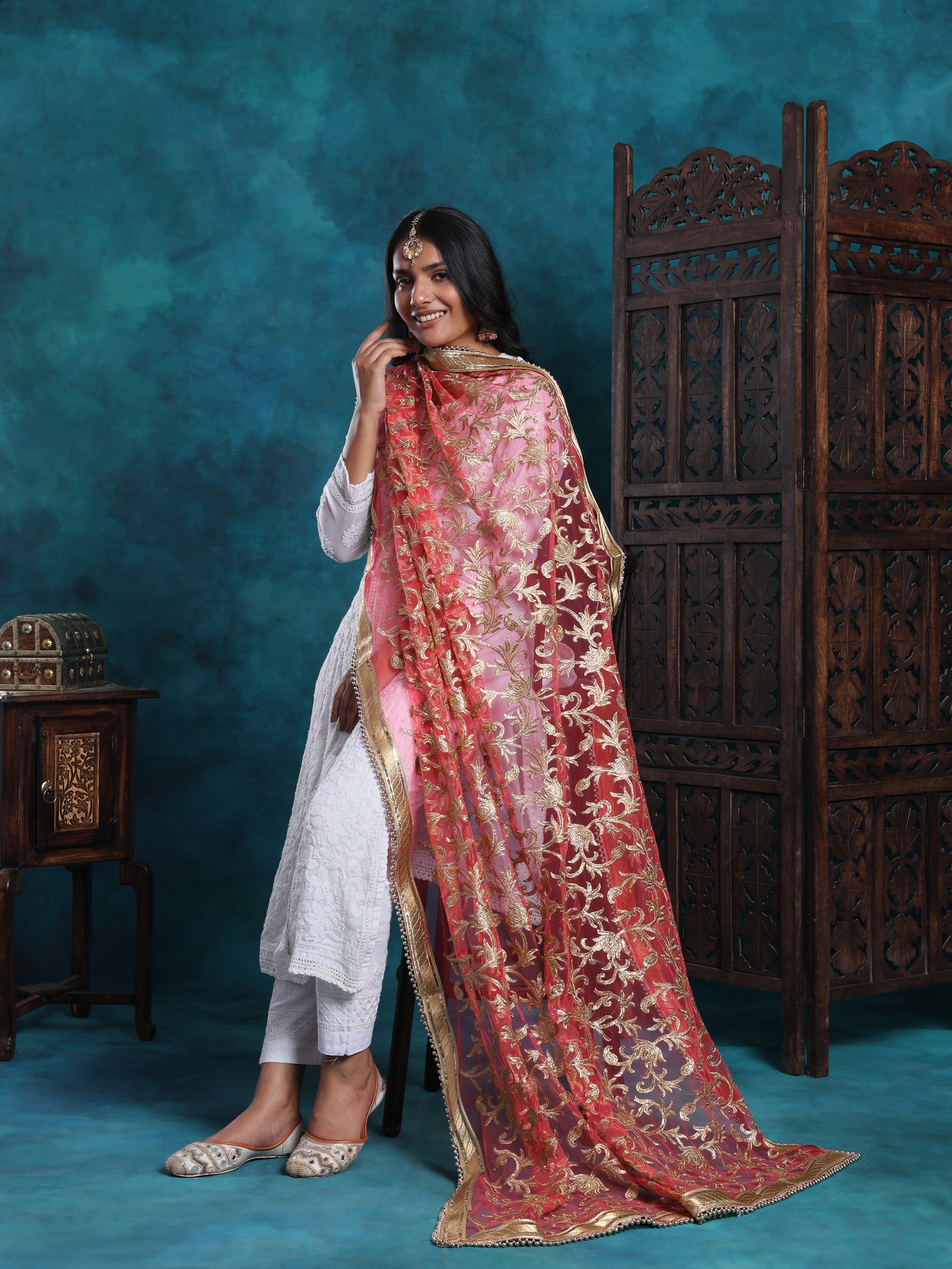 Gold Zari Heavy Jaal Hand Embroidered Bridal Dupatta