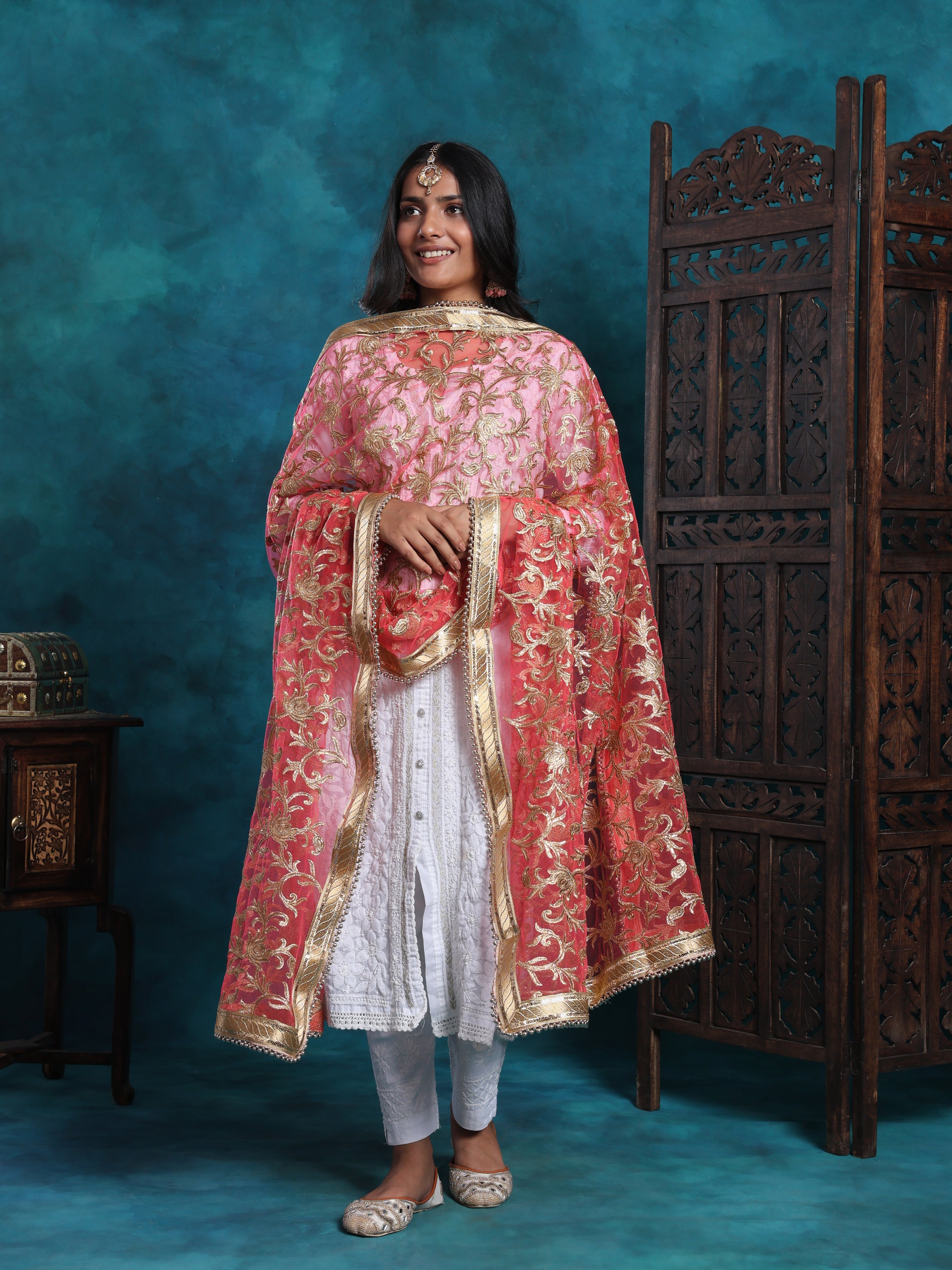Gold Zari Heavy Jaal Hand Embroidered Bridal Dupatta