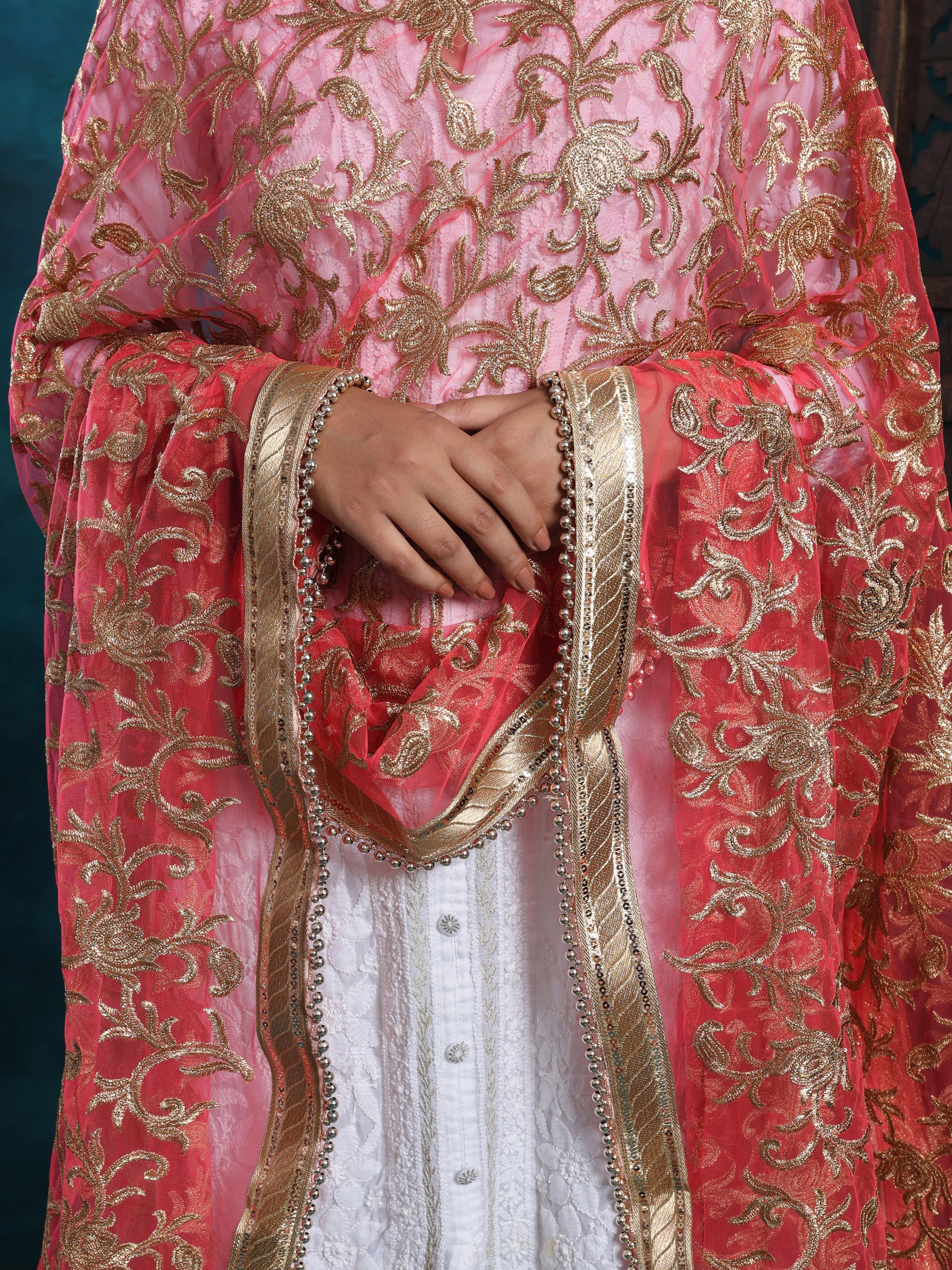 Gold Zari Heavy Jaal Hand Embroidered Bridal Dupatta