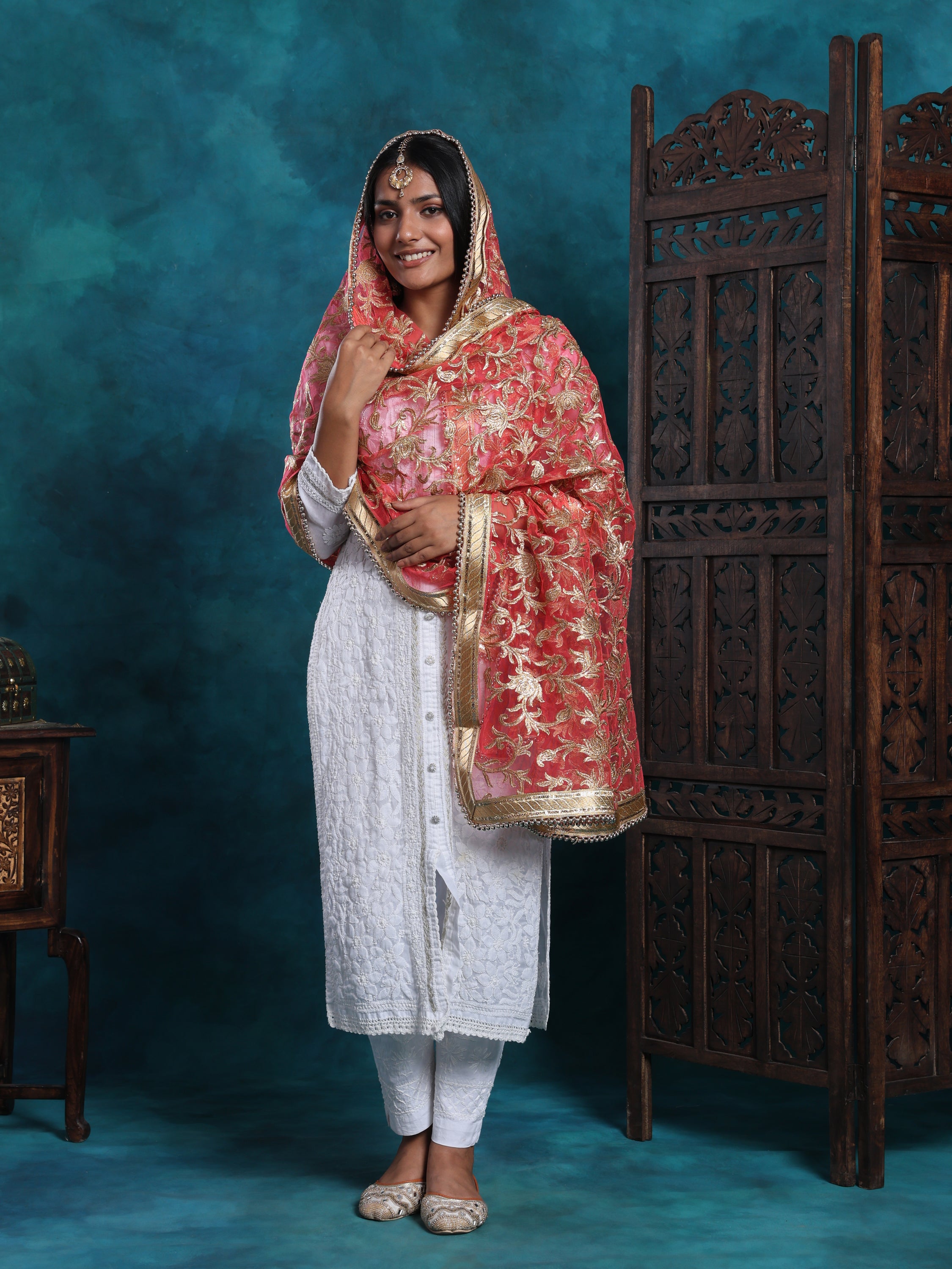 Gold Zari Heavy Jaal Hand Embroidered Bridal Dupatta