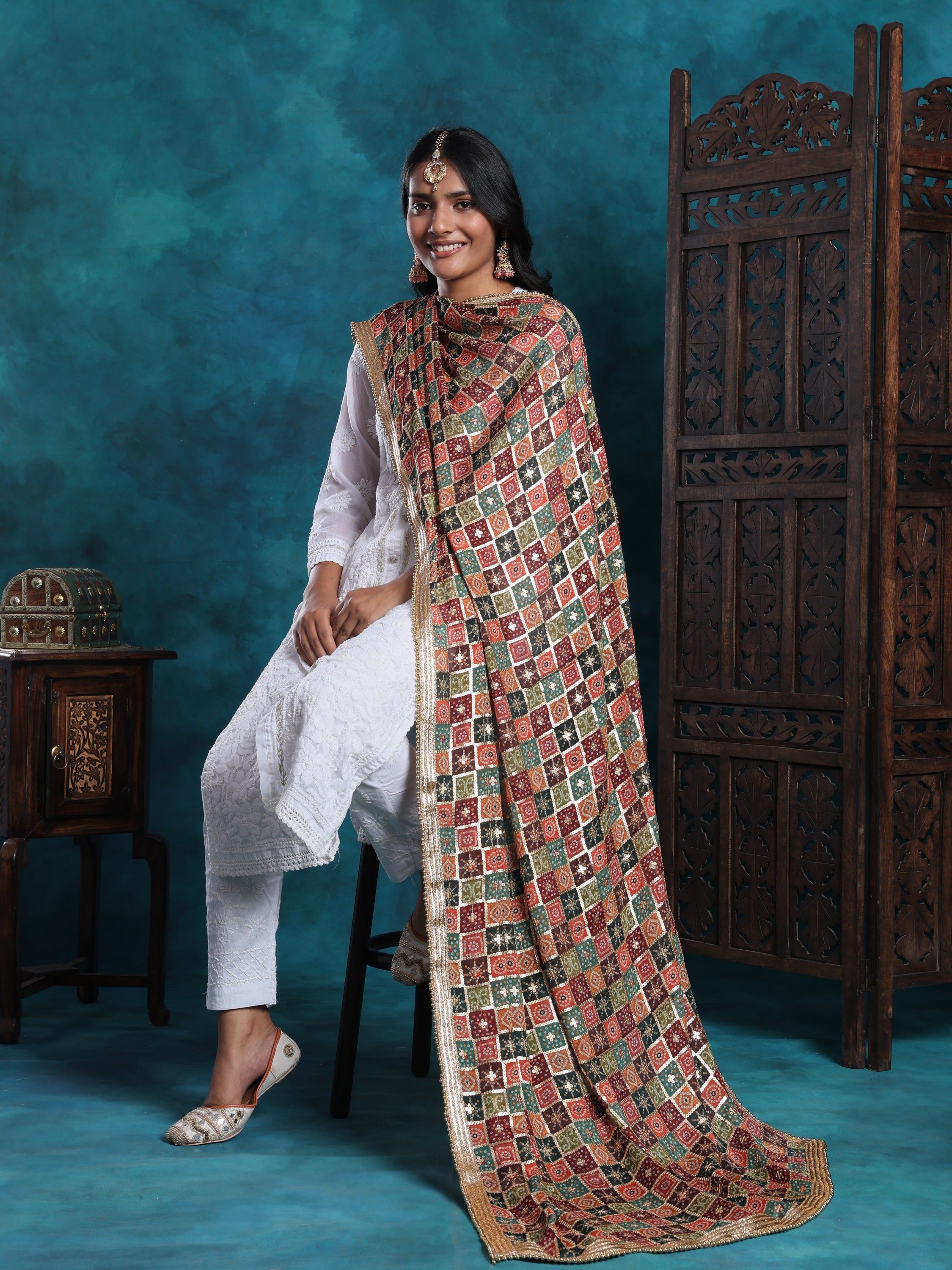 Multi Gold Bandhej Print With Zari Border Heavy Bridal Dupatta
