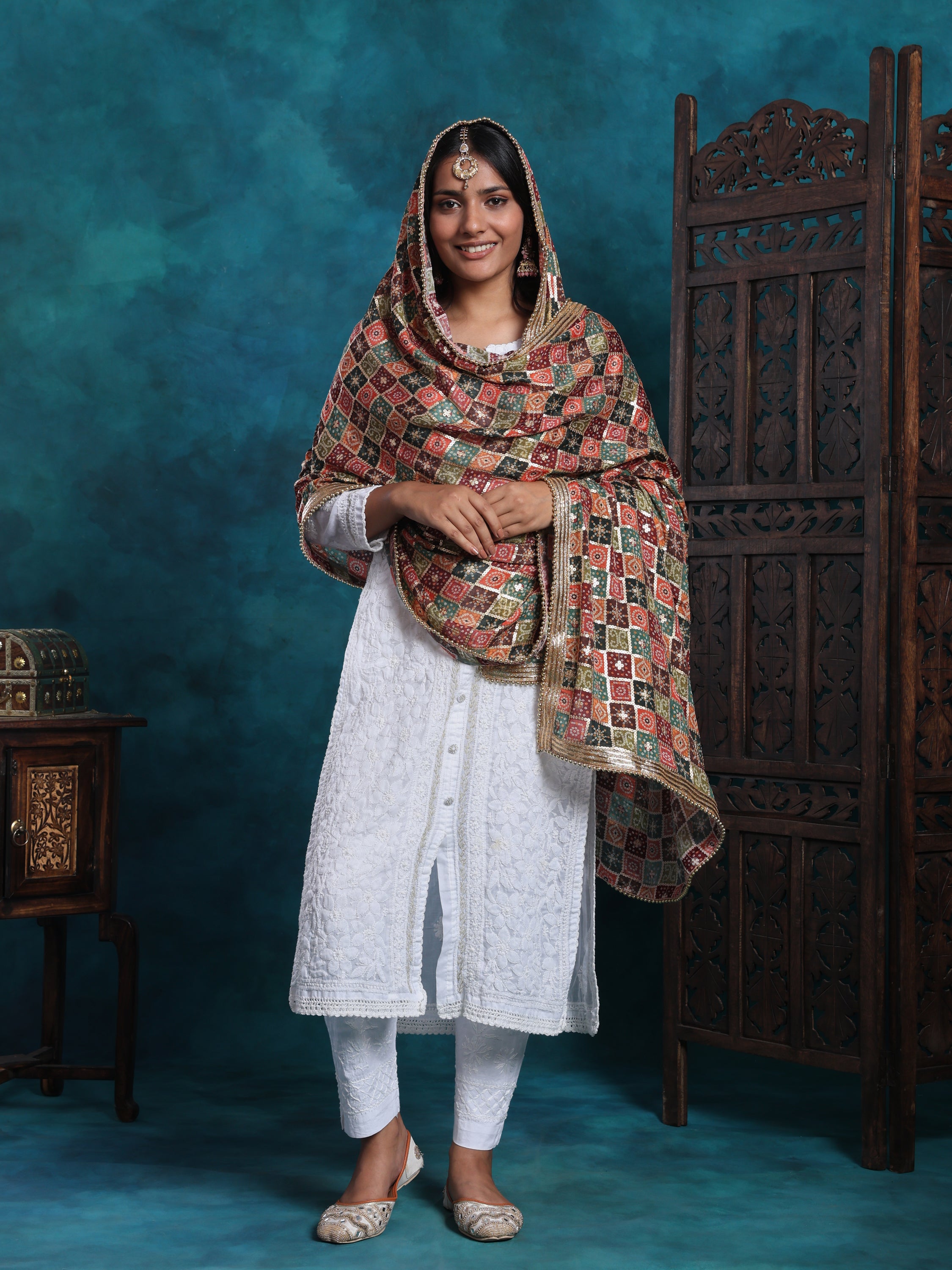 Multi Gold Bandhej Print With Zari Border Heavy Bridal Dupatta