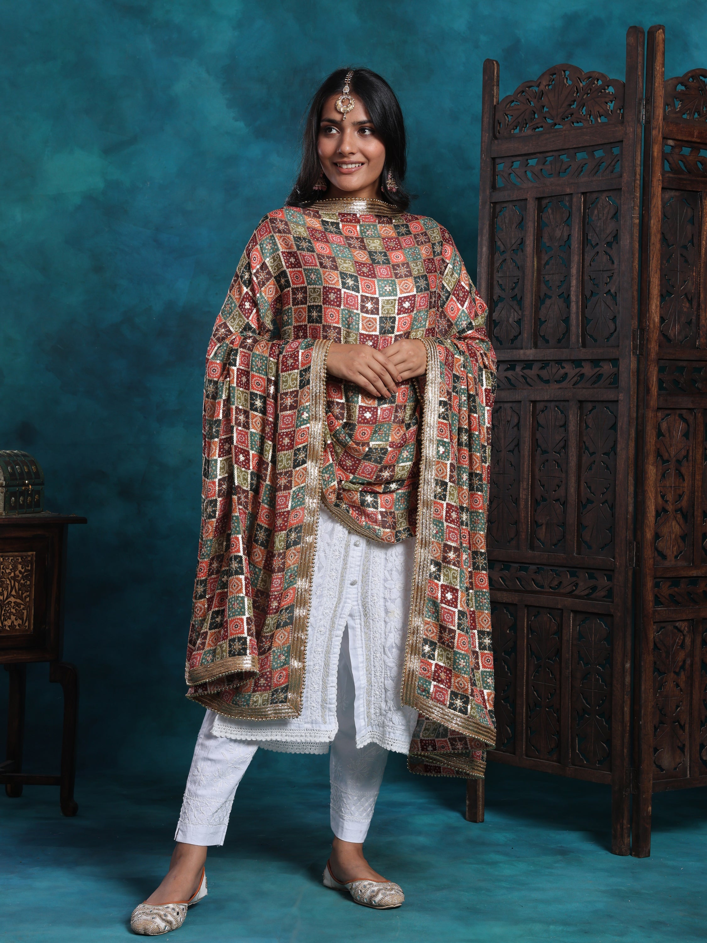 Multi Gold Bandhej Print With Zari Border Heavy Bridal Dupatta