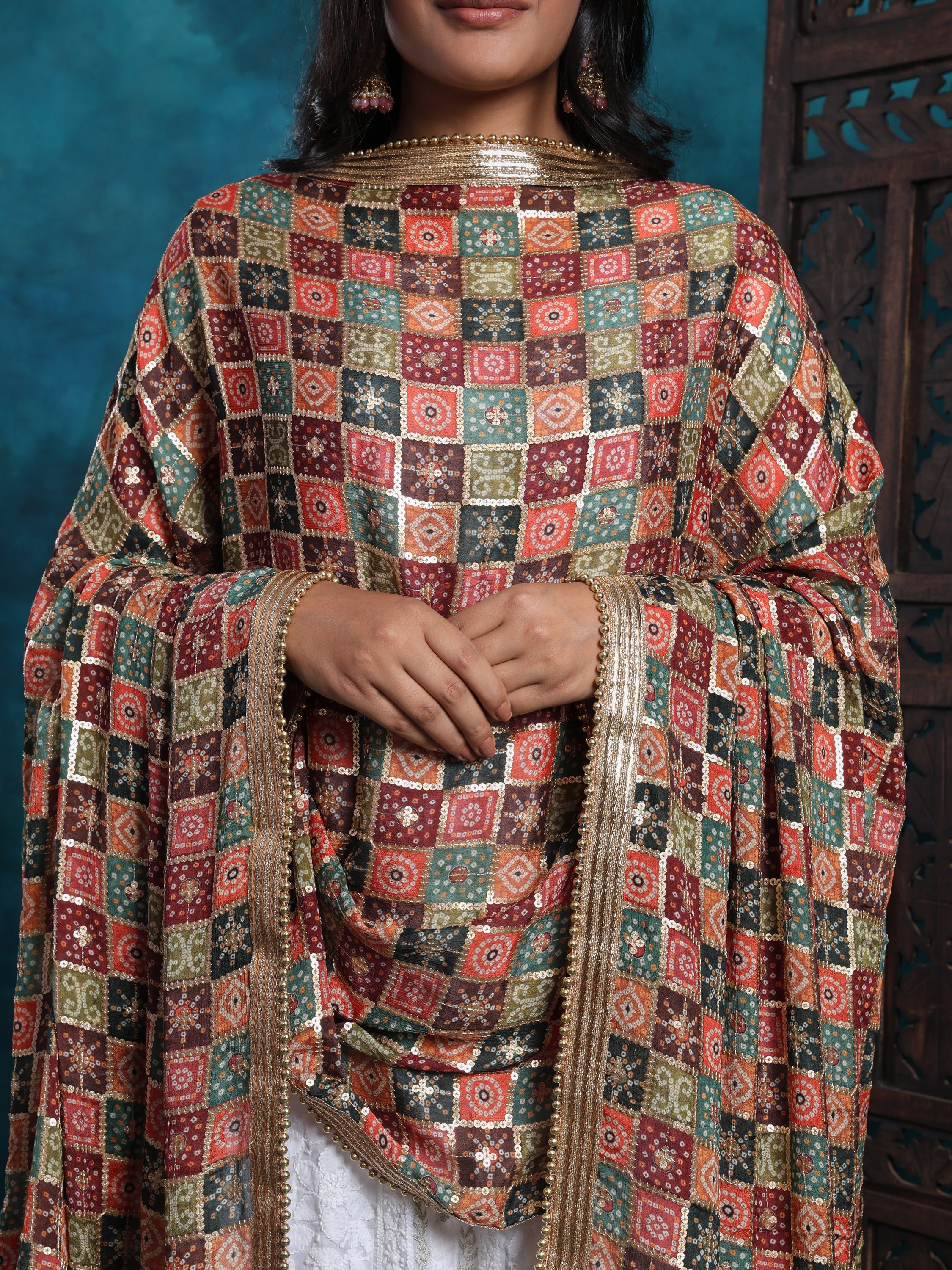 Multi Gold Bandhej Print With Zari Border Heavy Bridal Dupatta