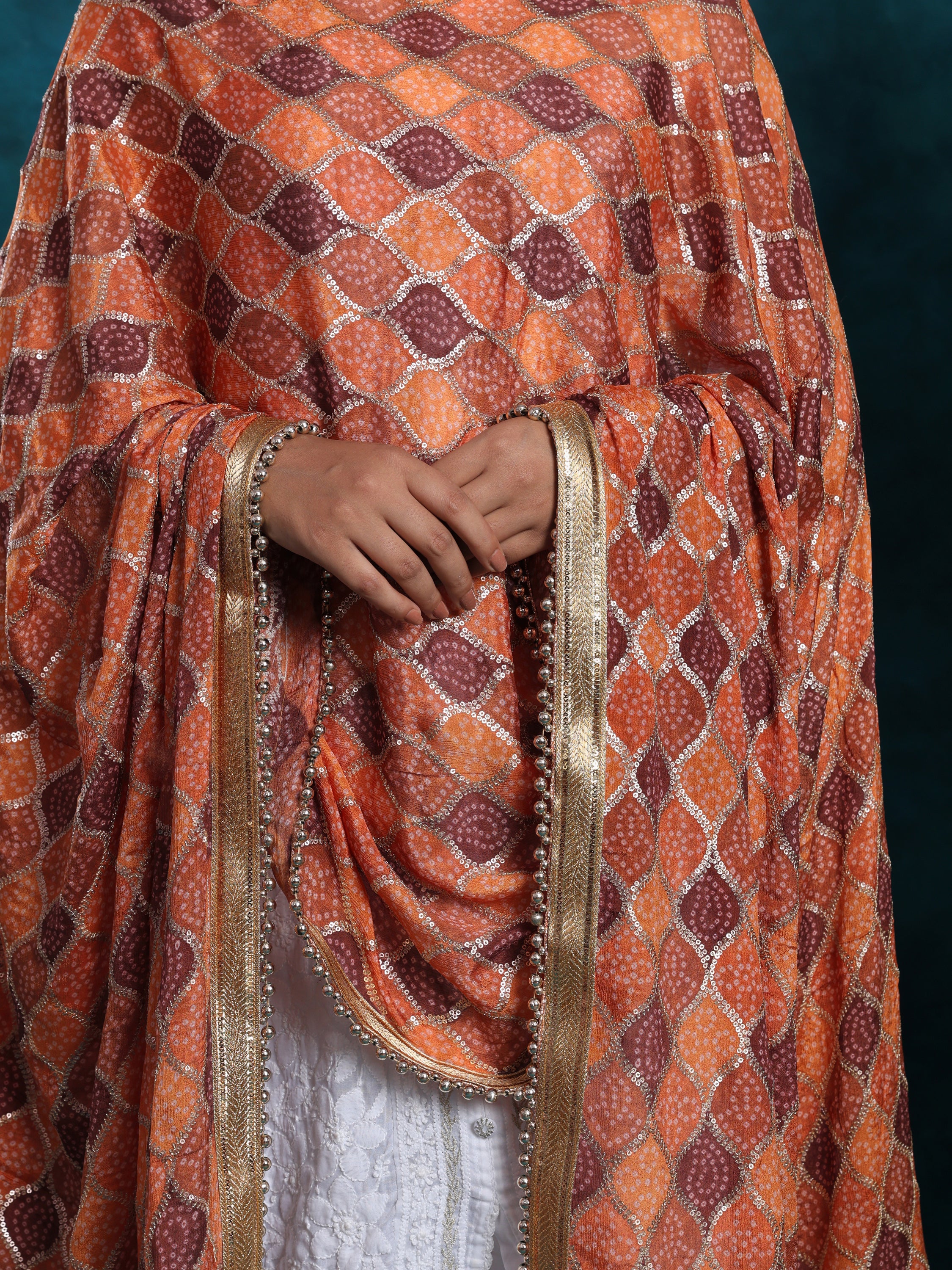 Multi Gold Bandhej Print With Zari Border Heavy Bridal Dupatta