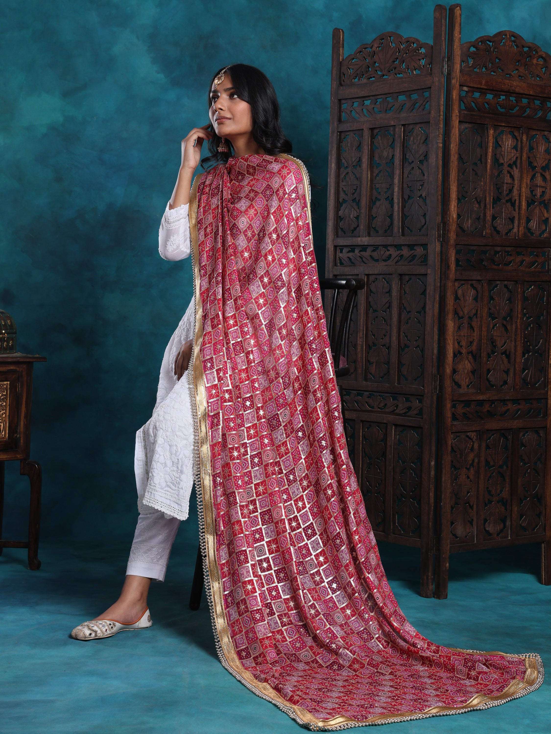 Multi Gold Bandhej Print With Zari Border Heavy Bridal Dupatta