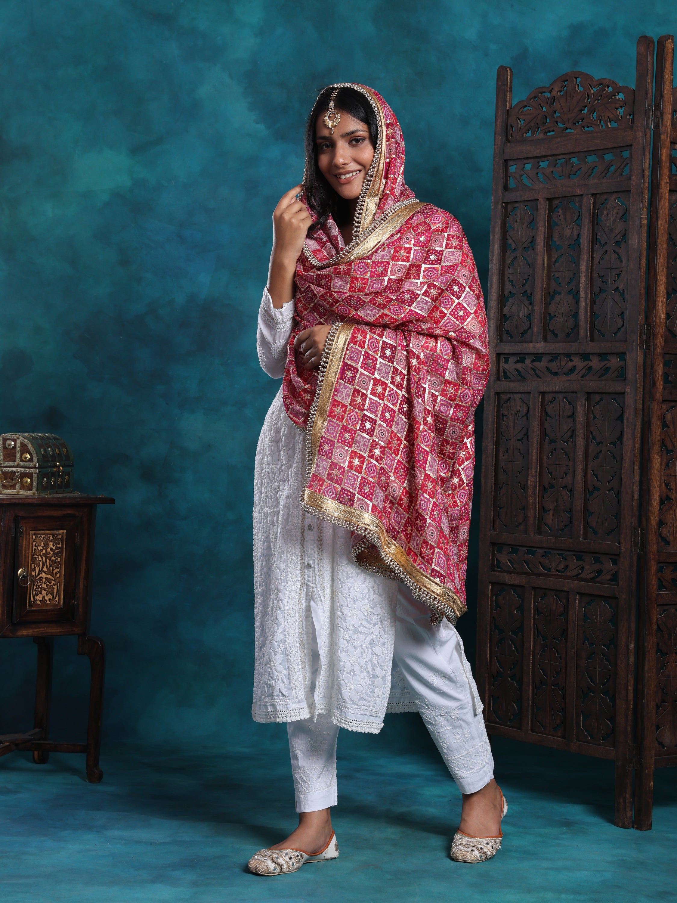 Multi Gold Bandhej Print With Zari Border Heavy Bridal Dupatta