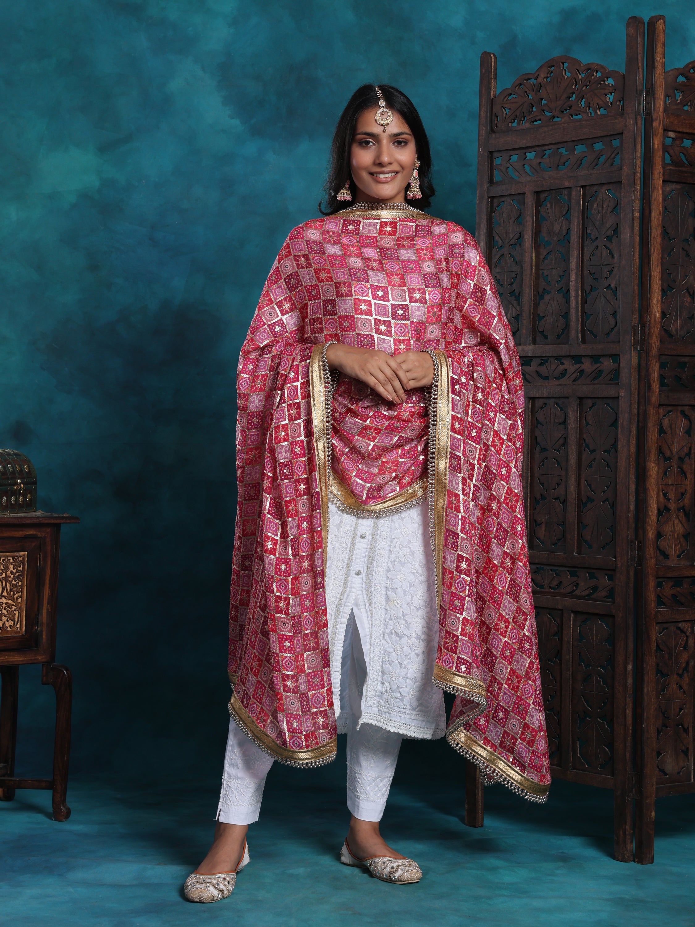 Multi Gold Bandhej Print With Zari Border Heavy Bridal Dupatta