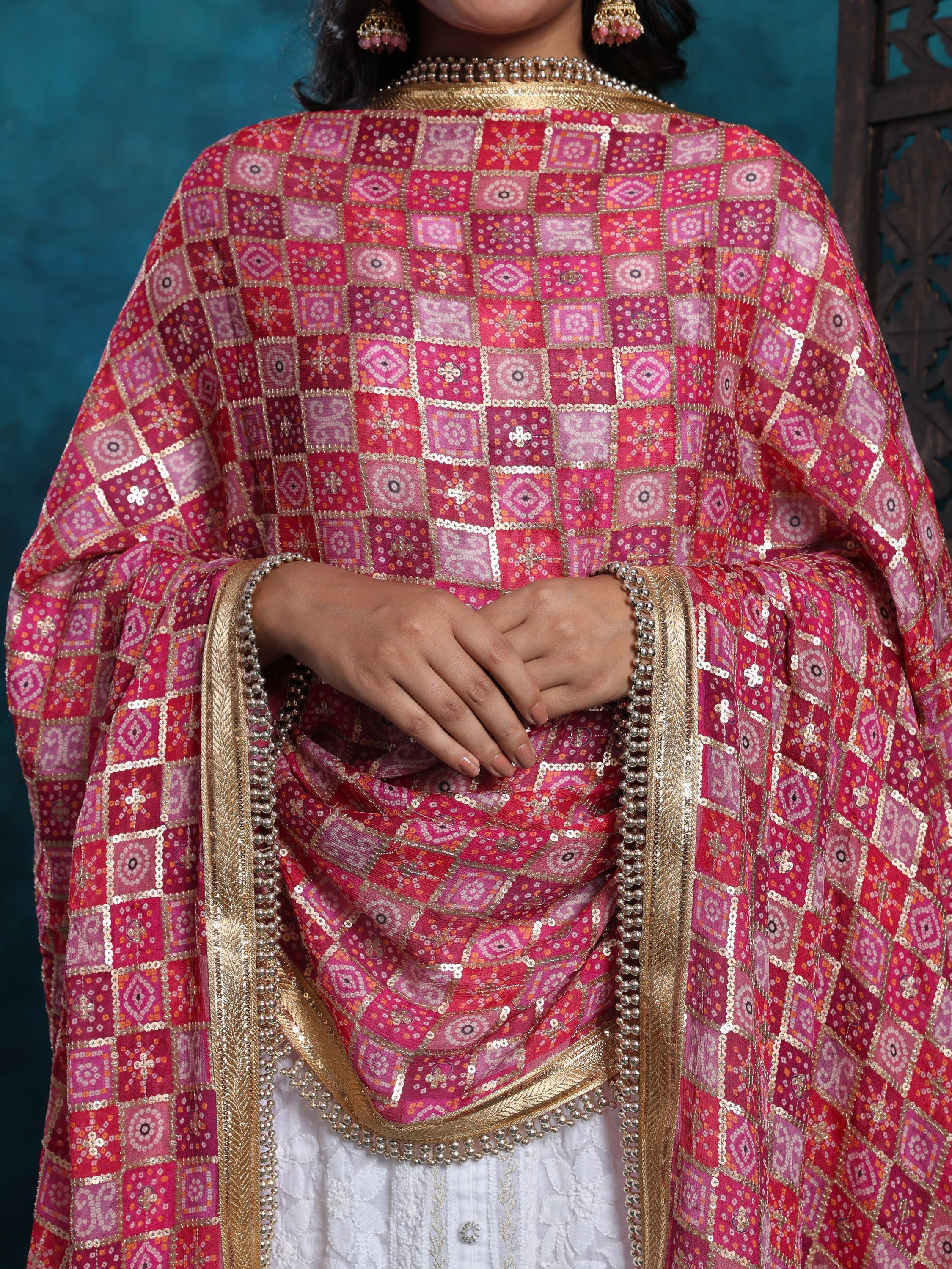 Multi Gold Bandhej Print With Zari Border Heavy Bridal Dupatta