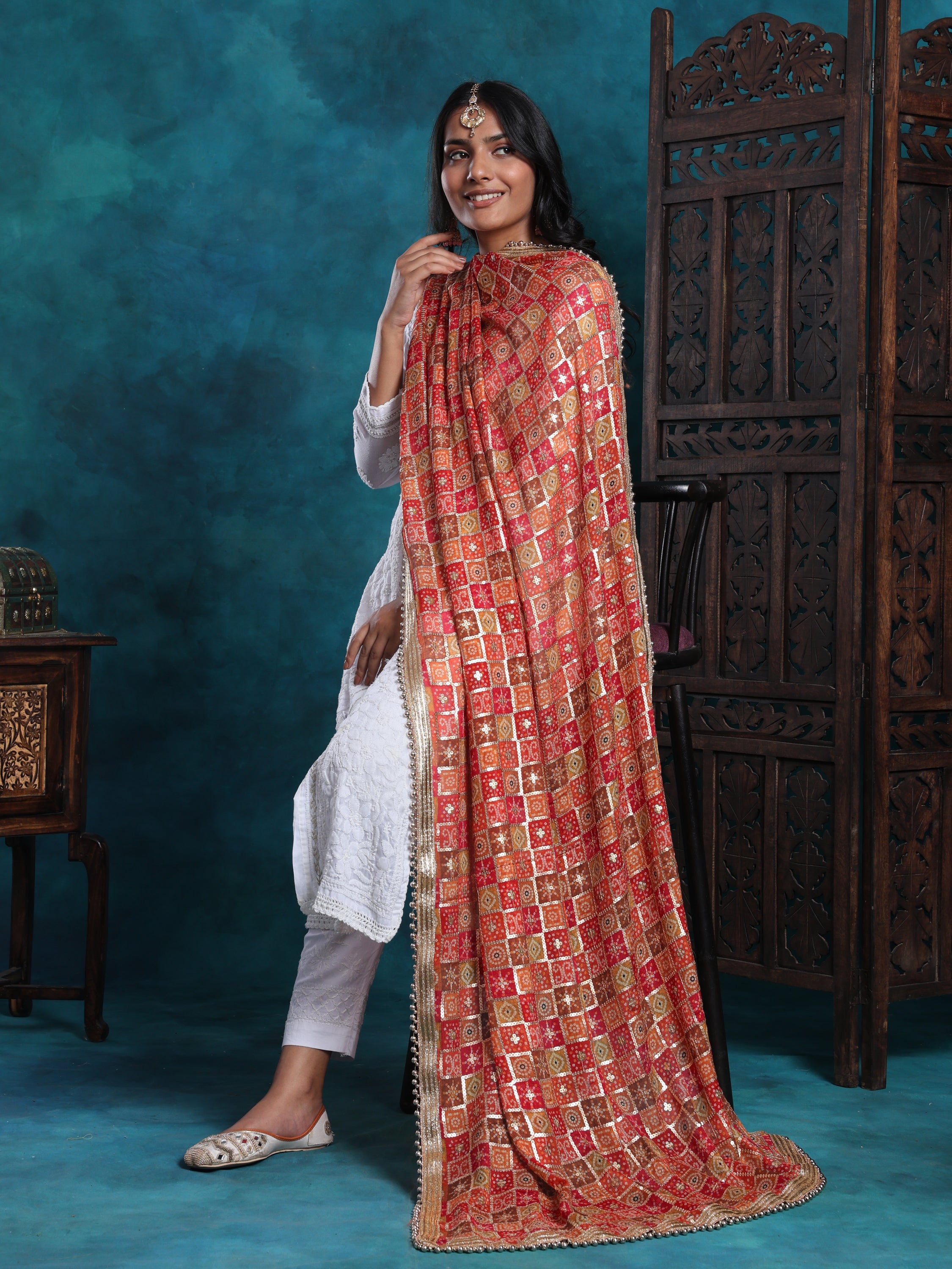 Multi Gold Bandhej Print With Zari Border Heavy Bridal Dupatta