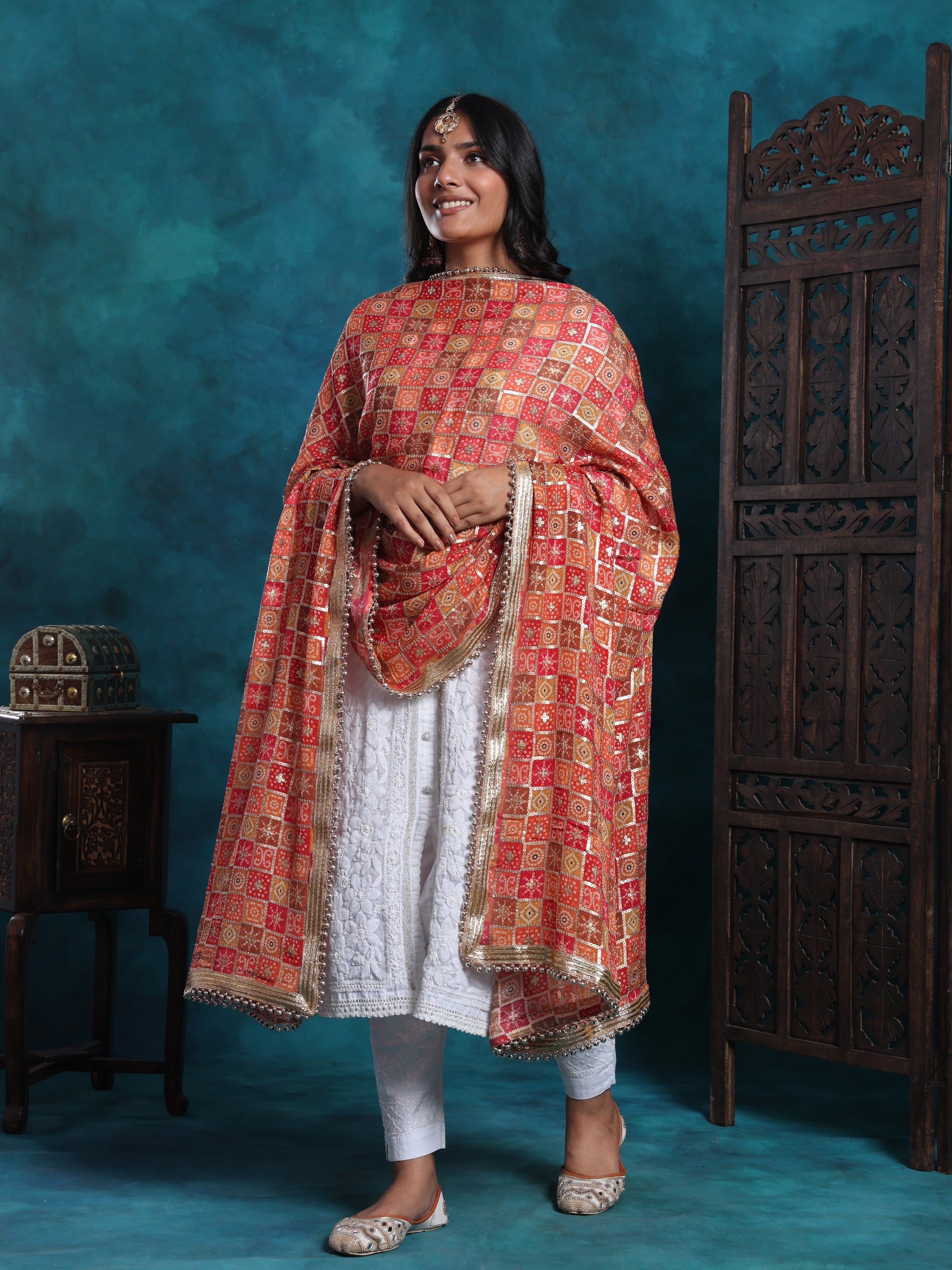 Multi Gold Bandhej Print With Zari Border Heavy Bridal Dupatta