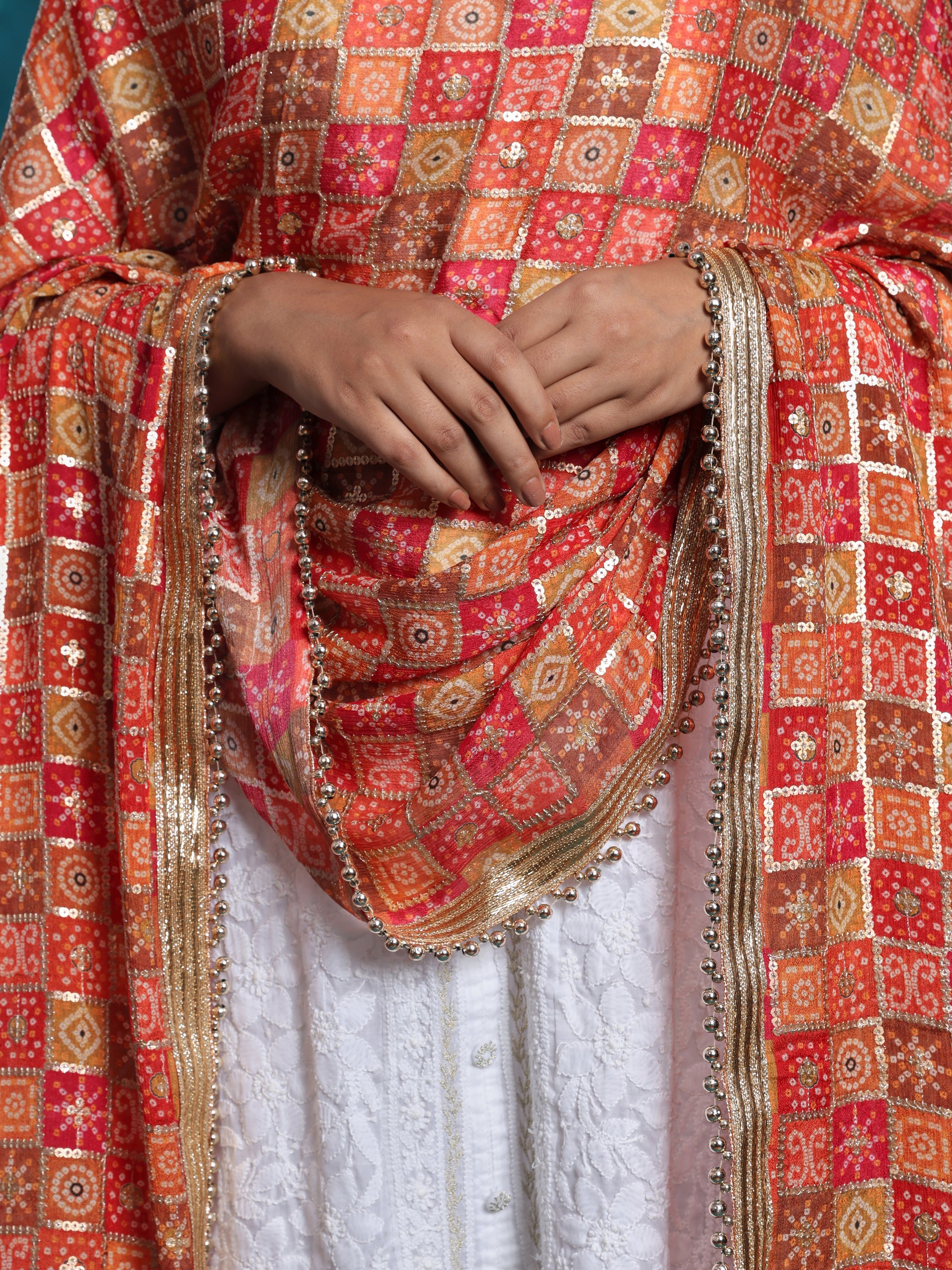 Multi Gold Bandhej Print With Zari Border Heavy Bridal Dupatta