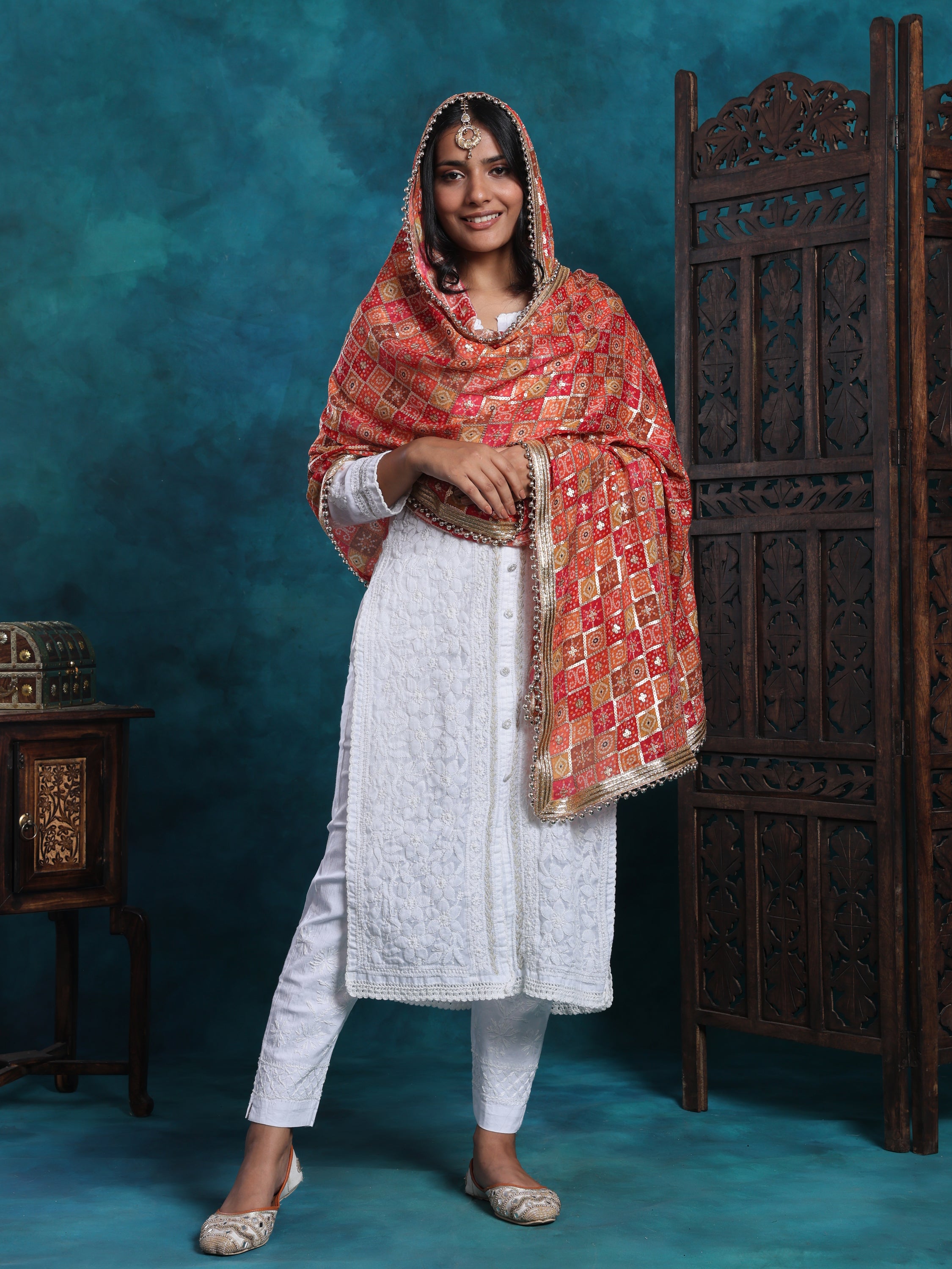 Multi Gold Bandhej Print With Zari Border Heavy Bridal Dupatta