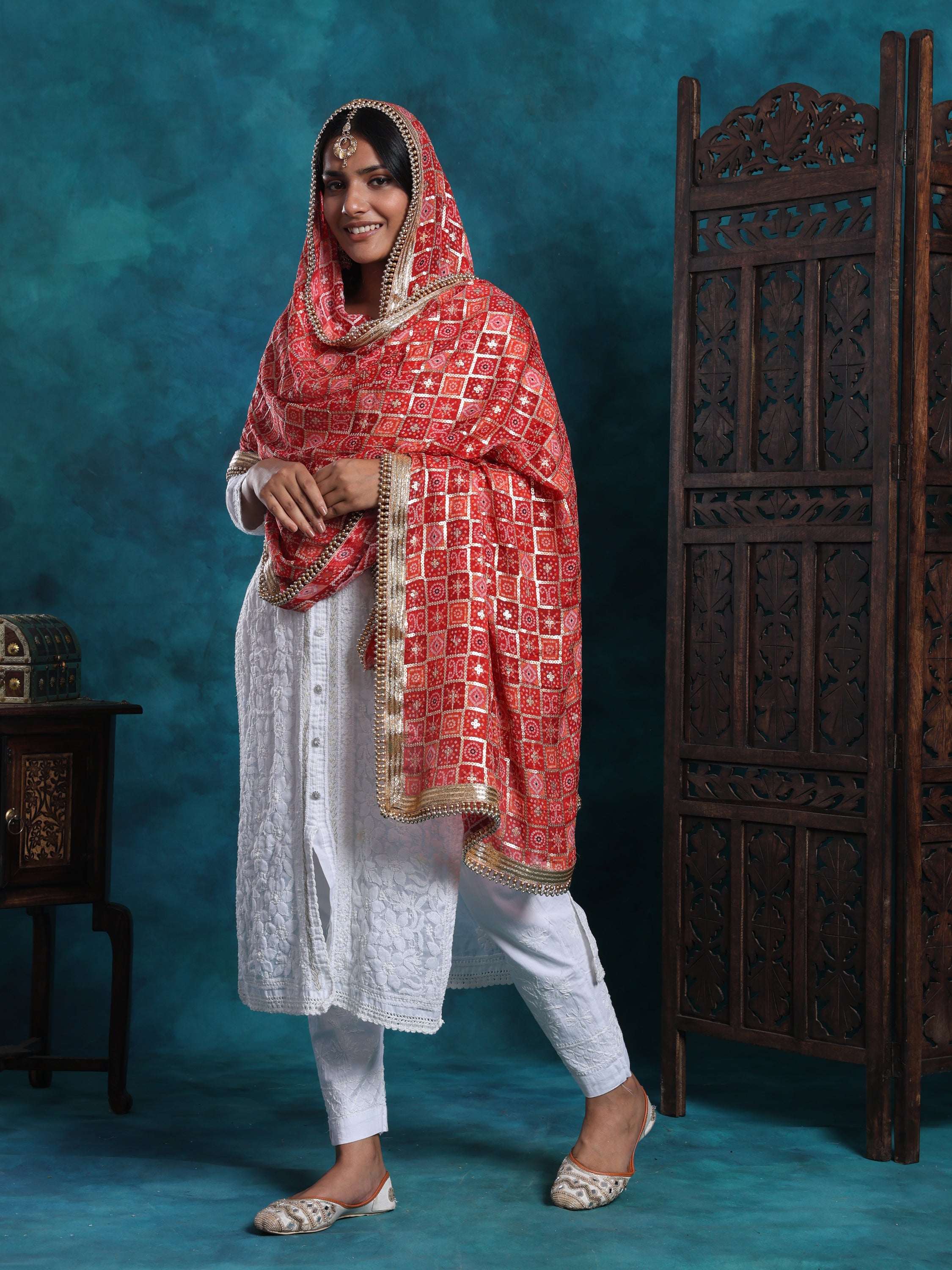 Multi Gold Bandhej Print With Zari Border Heavy Bridal Dupatta