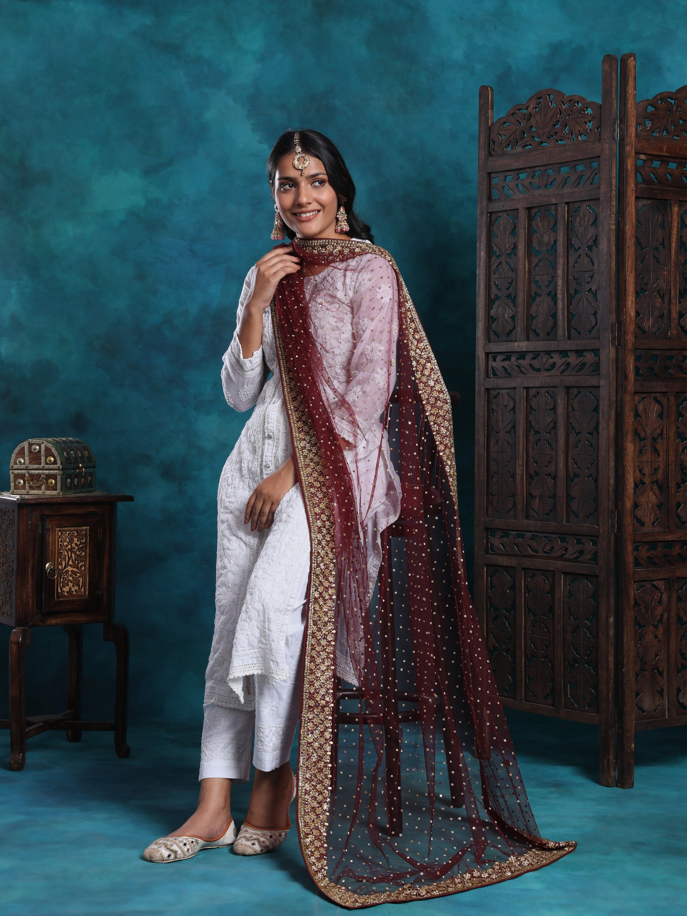 Dabka And Meenakari Handcrafted Maroon Bridal Dupatta