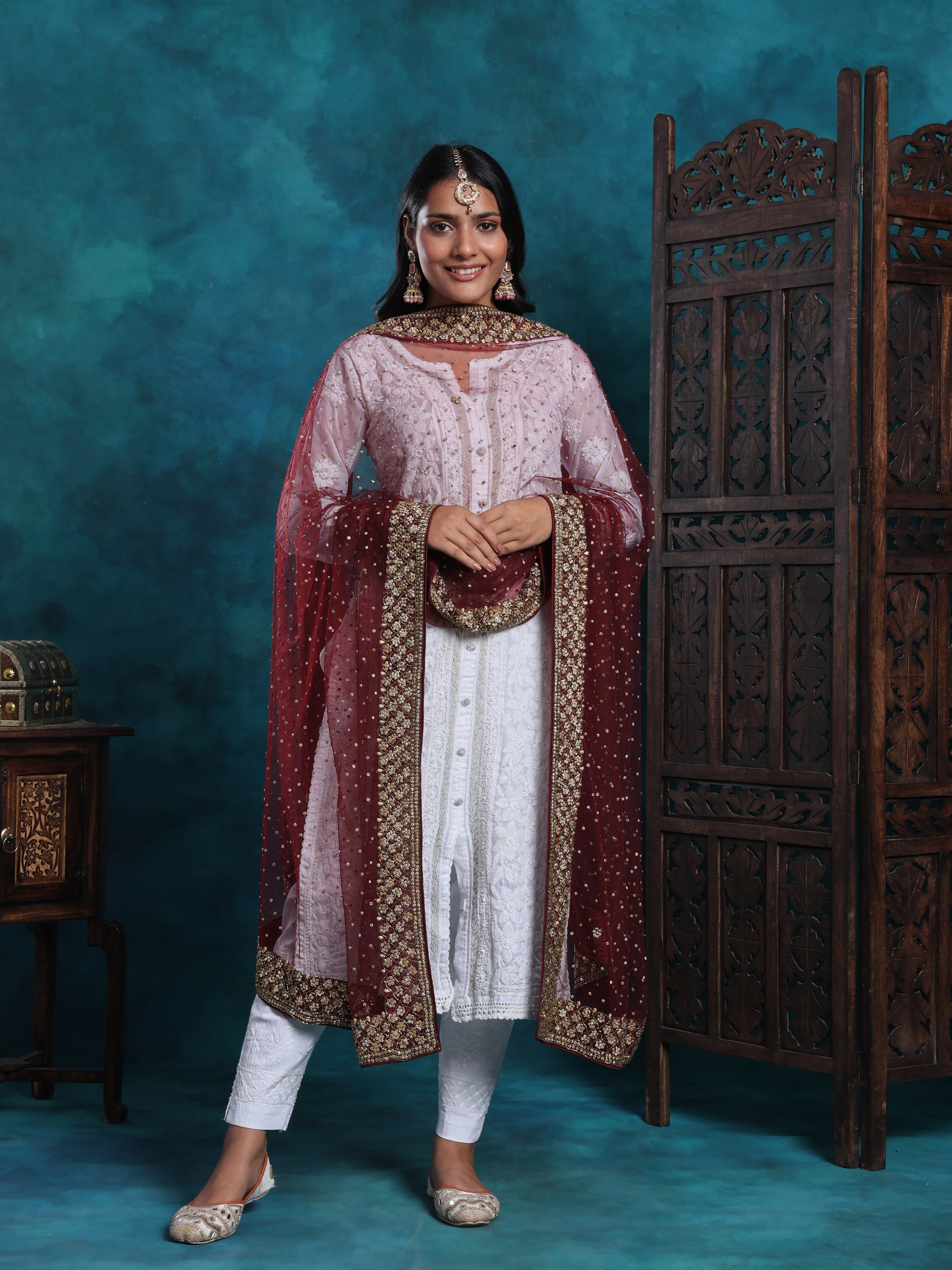Dabka And Meenakari Handcrafted Maroon Bridal Dupatta