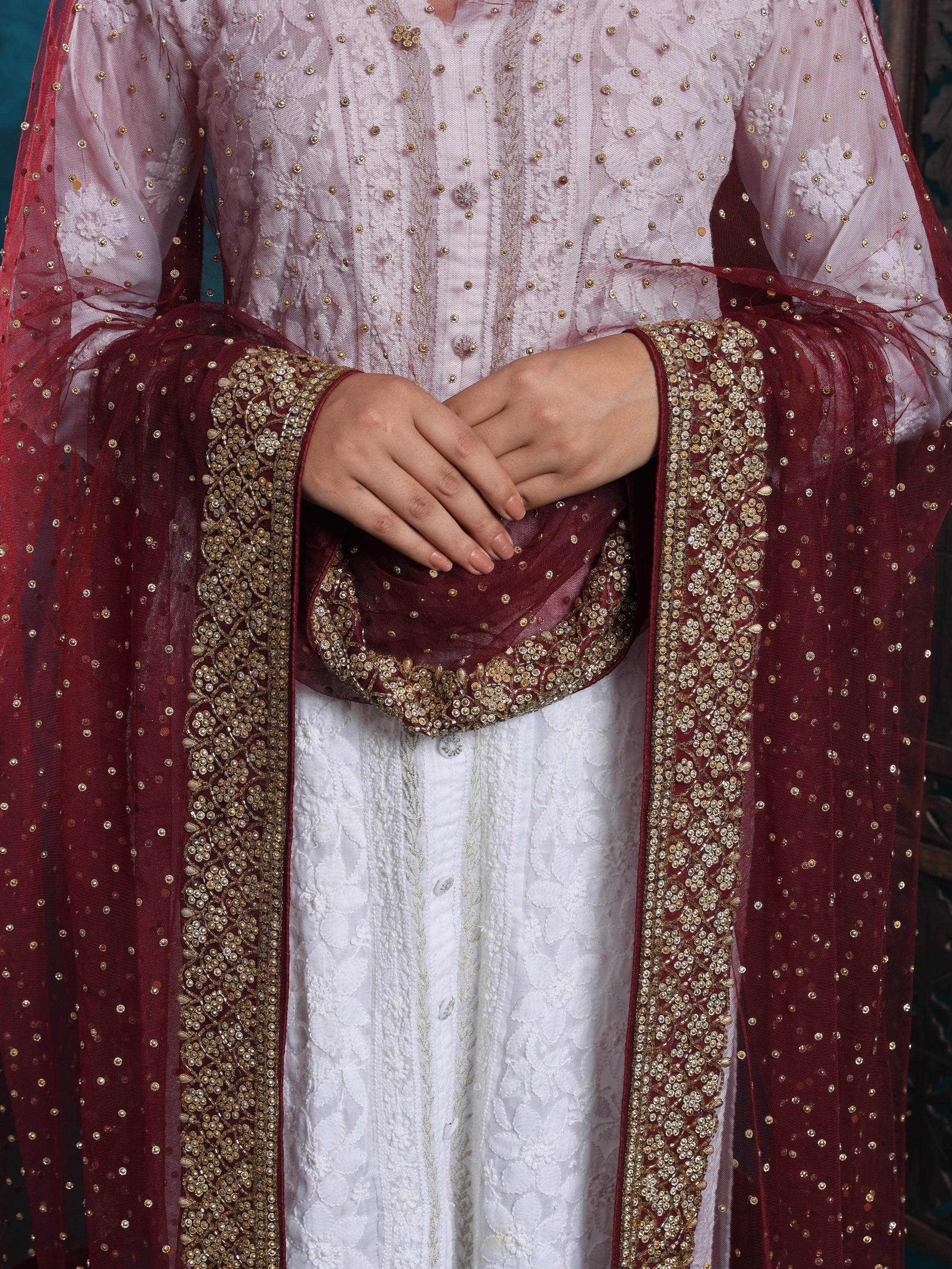 Dabka And Meenakari Handcrafted Maroon Bridal Dupatta