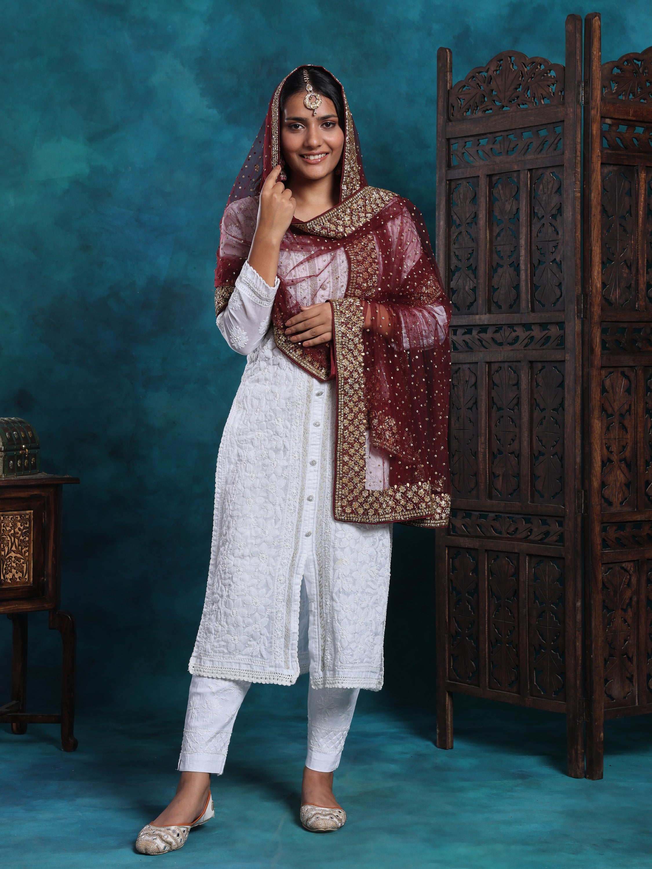 Dabka And Meenakari Handcrafted Maroon Bridal Dupatta