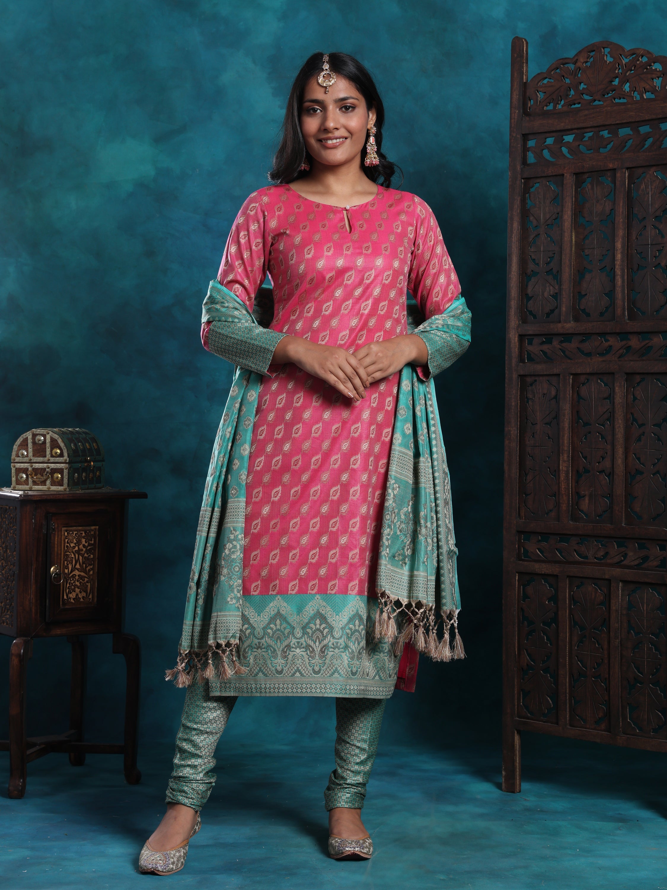 Pink & Green Banarasi With Zari Work Suit