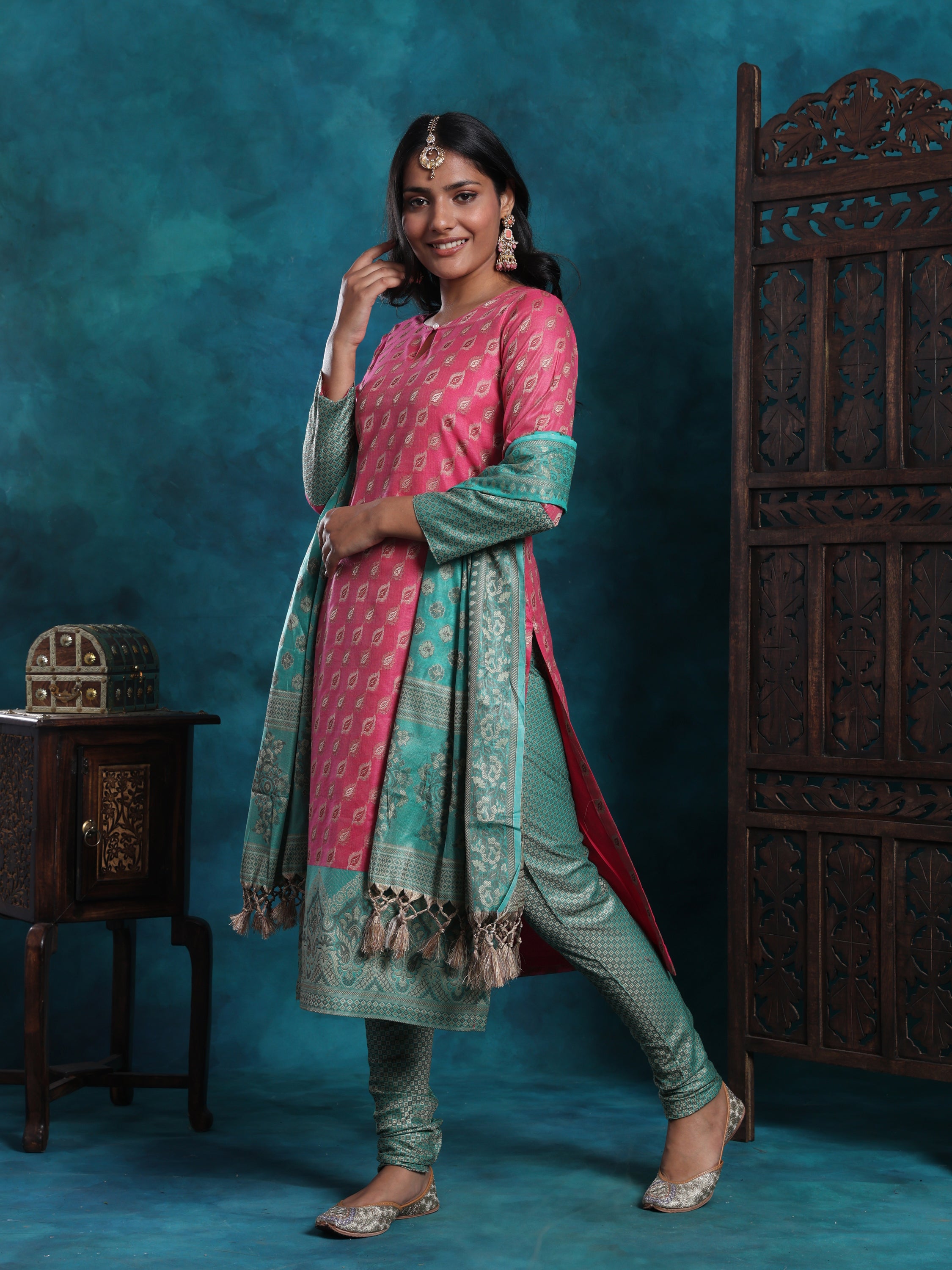 Pink & Green Banarasi With Zari Work Suit