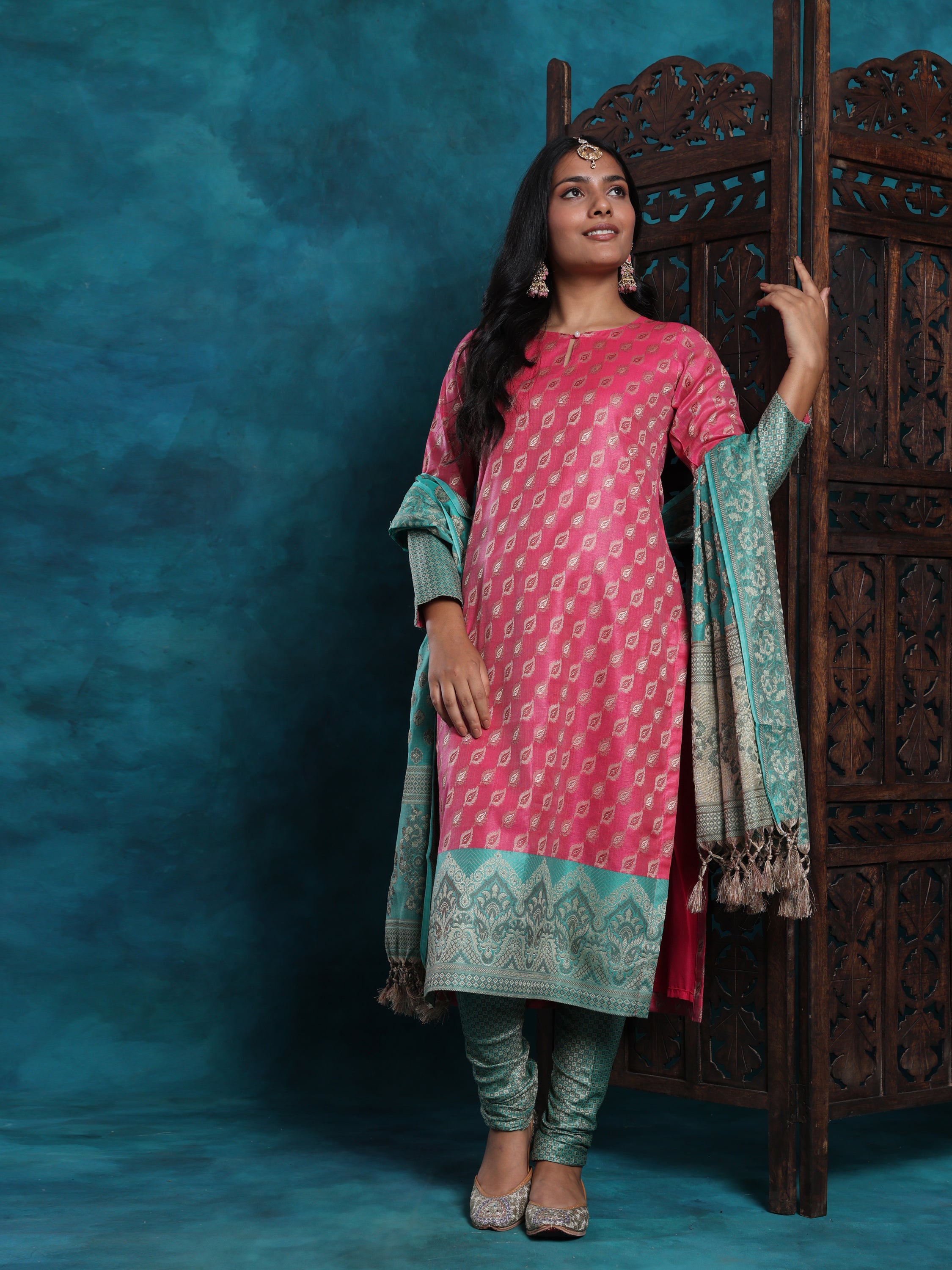 Pink & Green Banarasi With Zari Work Suit