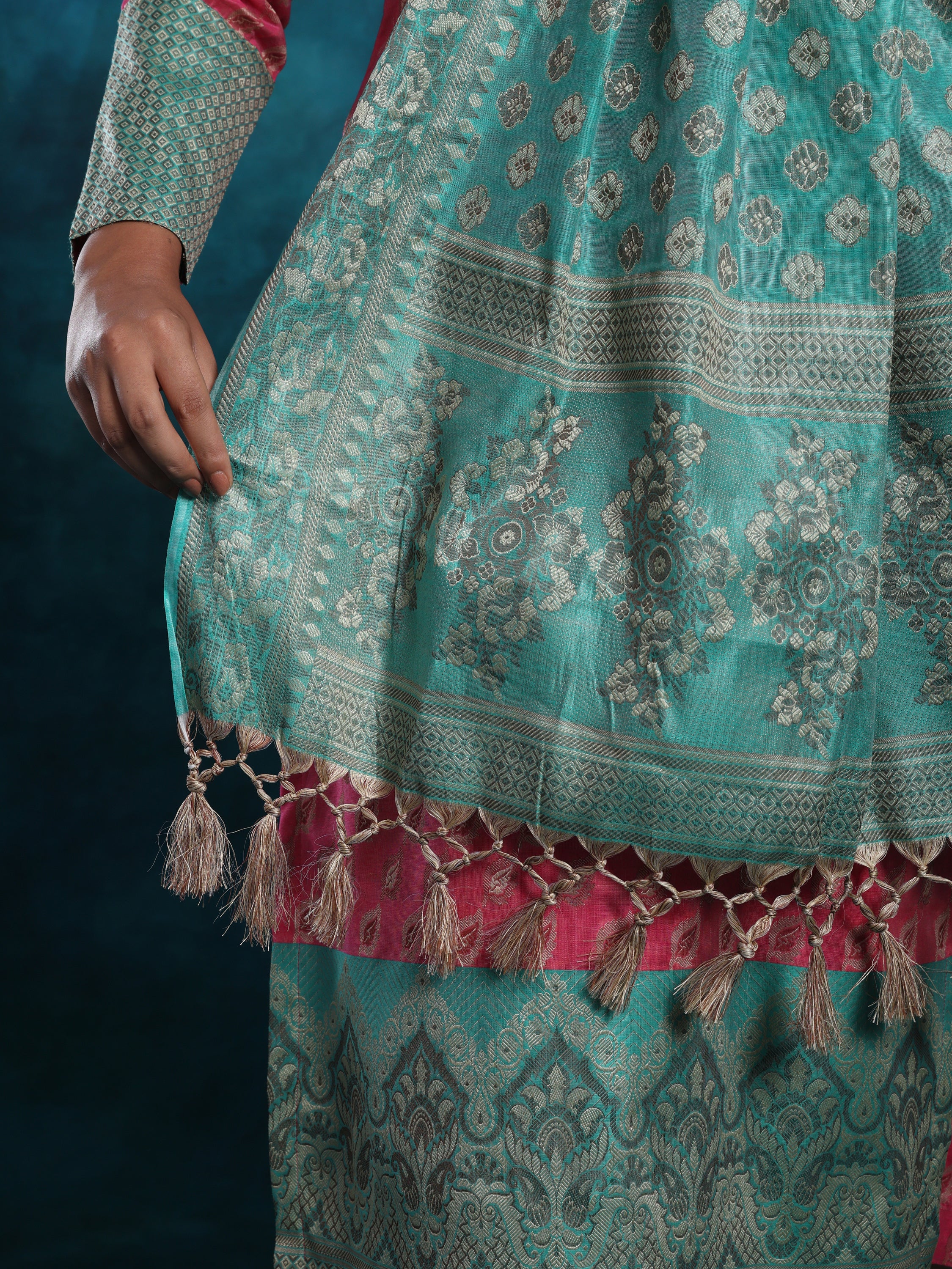Pink & Green Banarasi With Zari Work Suit