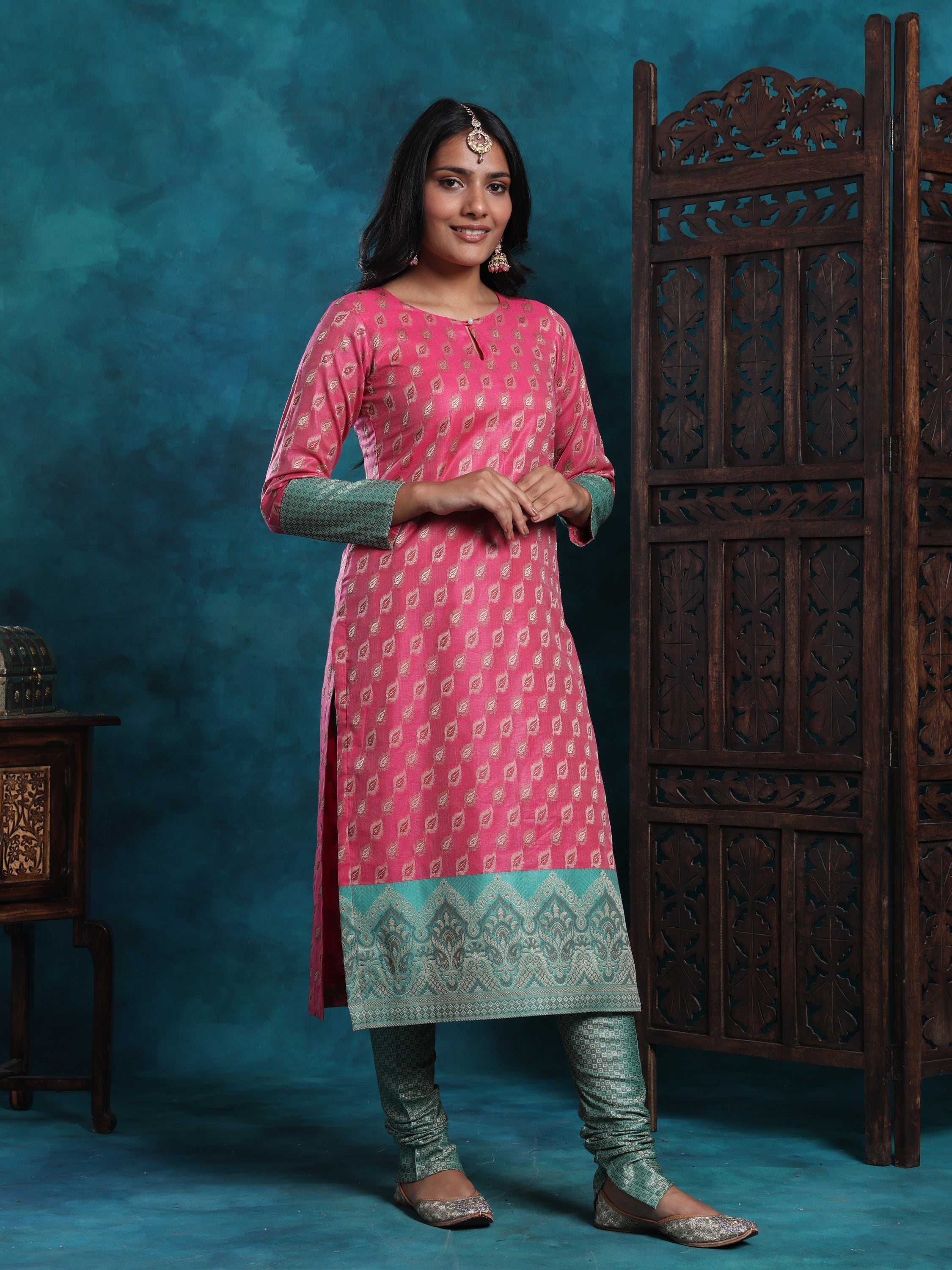 Pink & Green Banarasi With Zari Work Suit