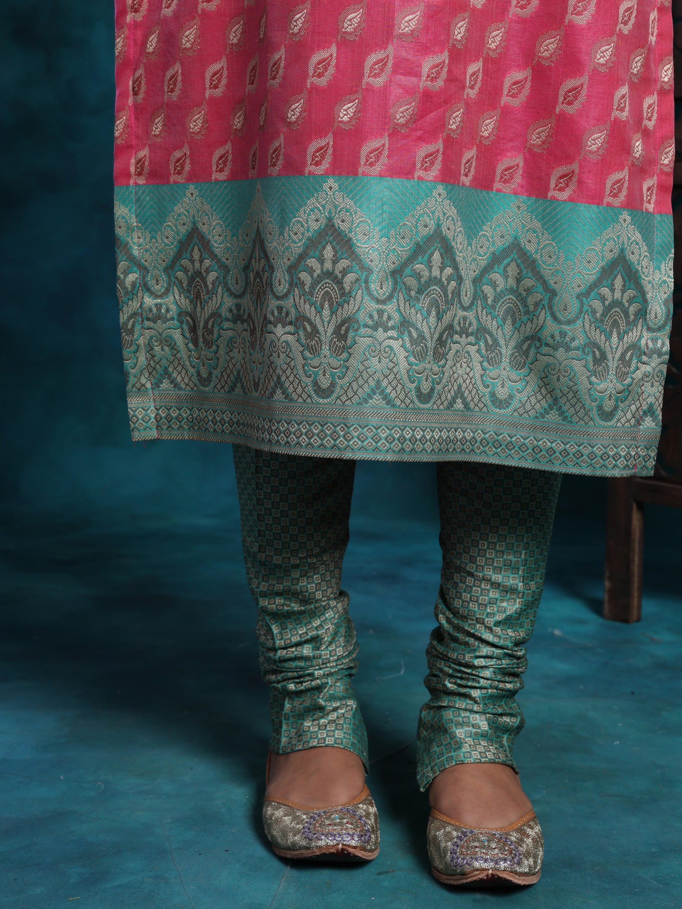 Pink & Green Banarasi With Zari Work Suit