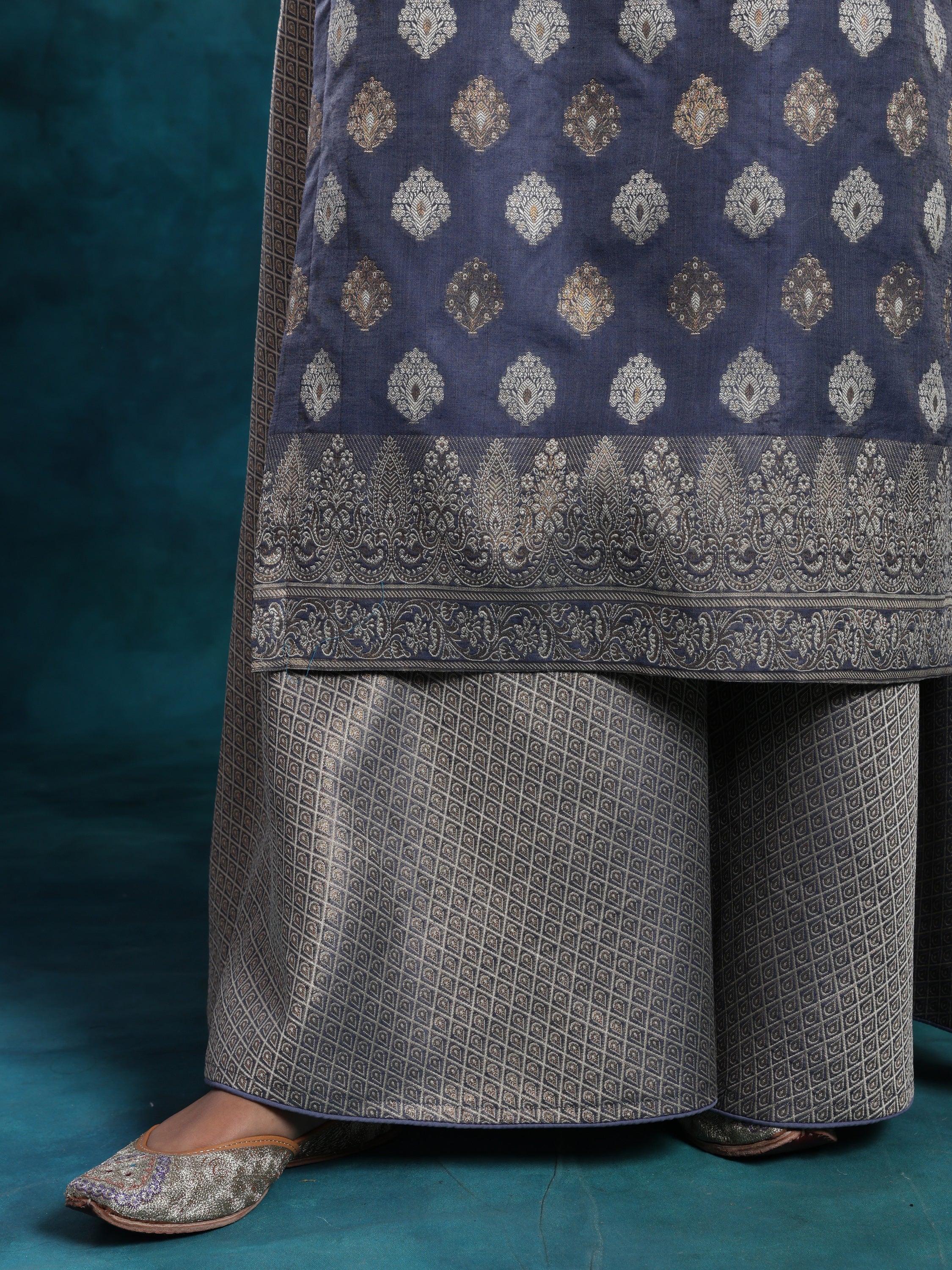 Powder Grey Banarasi With Zari Work Suit